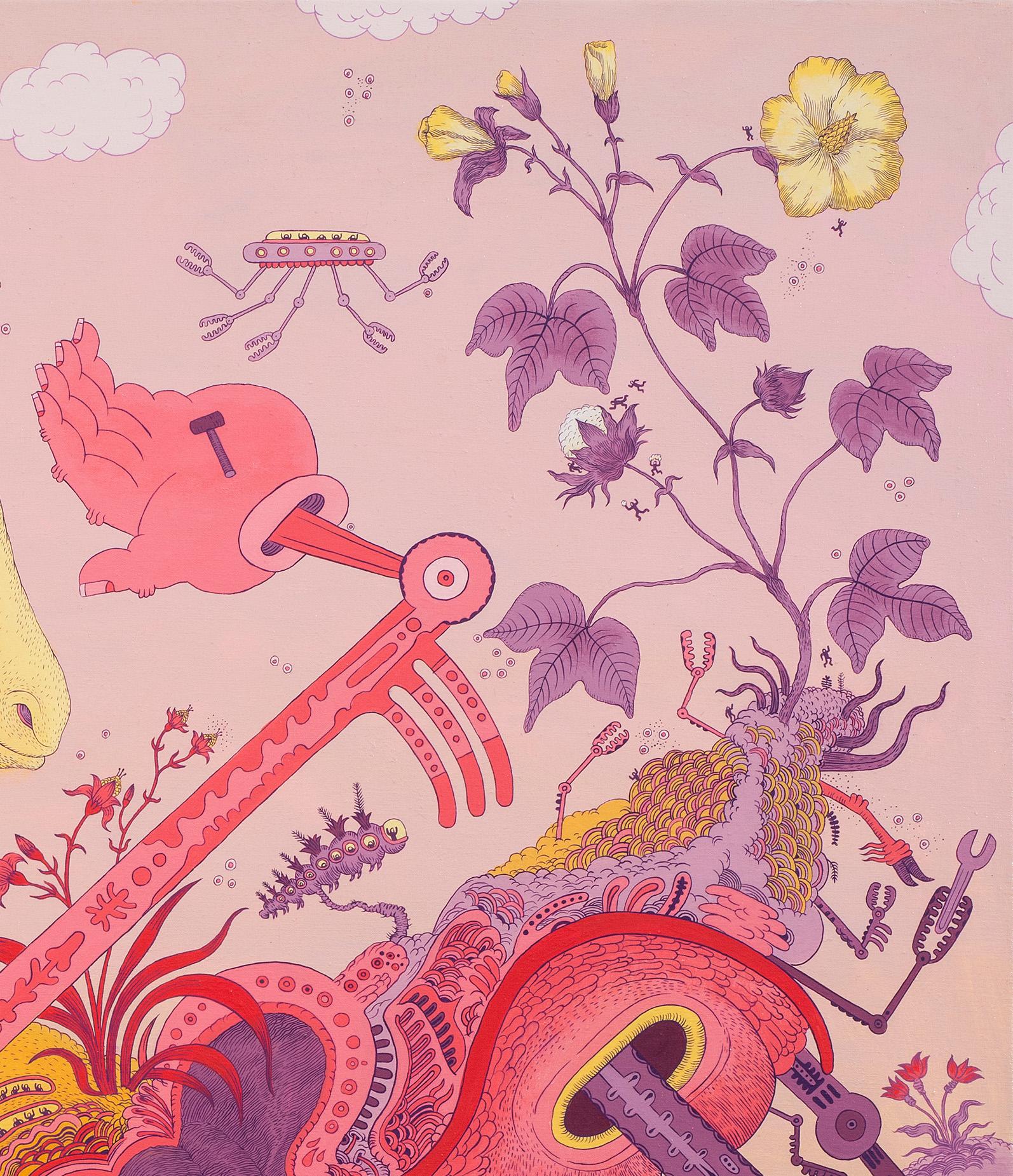 Ludditebot - Rosa Lavendel Gelb Surreal Tier Roboter Fantasie Landschaft 2017 im Angebot 4