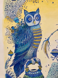Owl Tech – Vogel, gelbe Blumen, blaue Pilze, futuristische Landschaft, 2021