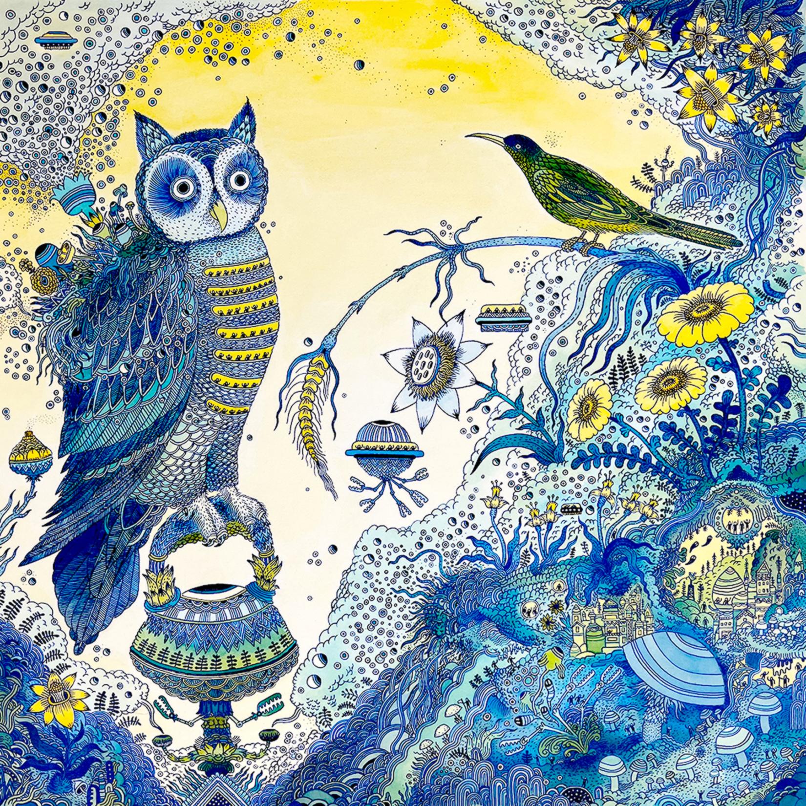 Owl Tech - Uccello, fiori gialli, funghi blu, paesaggio futuristico, 2021 - Painting di Peter Hamlin