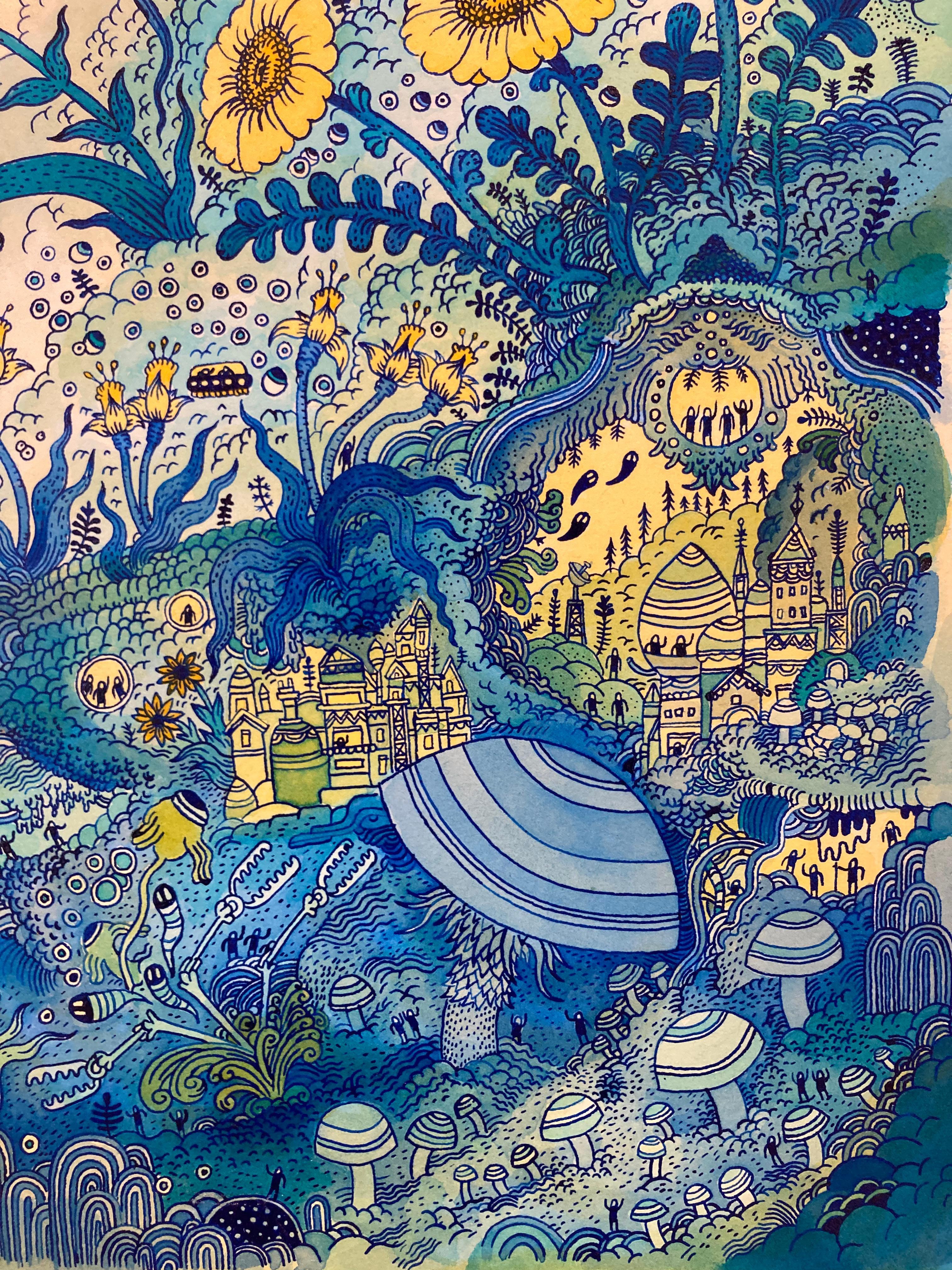 Technique de hibou bleu cobalt, oiseau, fleurs jaunes champignons futuristes en vente 5