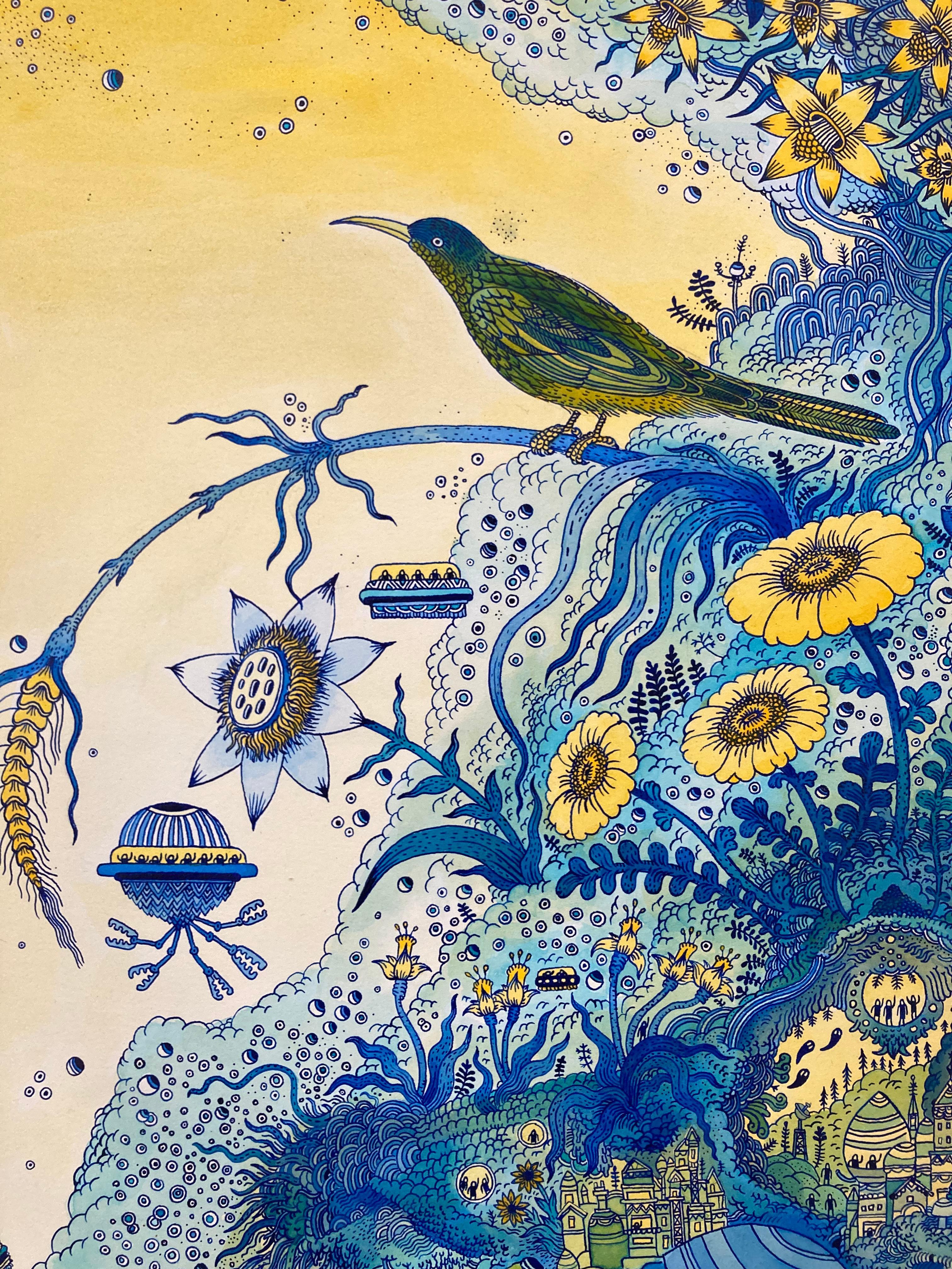 Technique de hibou bleu cobalt, oiseau, fleurs jaunes champignons futuristes en vente 1