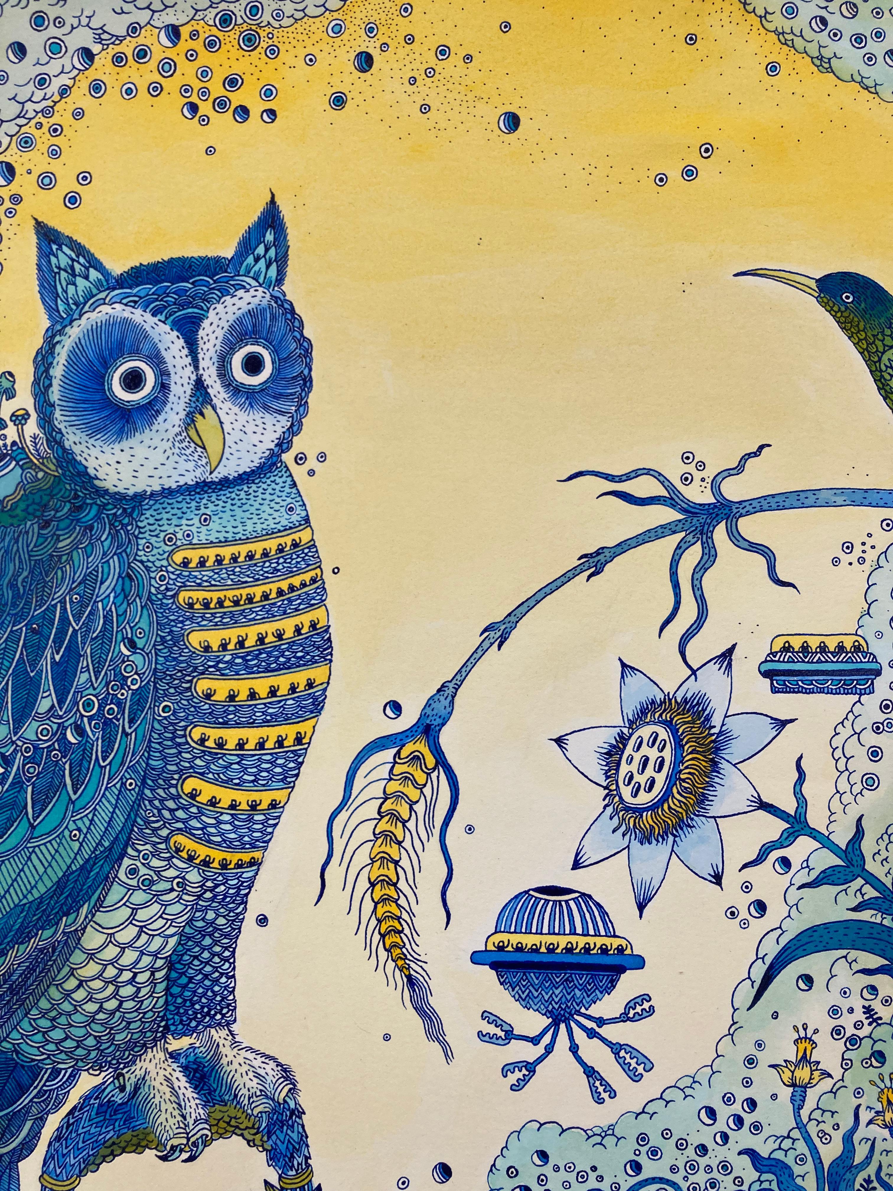 Technique de hibou bleu cobalt, oiseau, fleurs jaunes champignons futuristes en vente 2