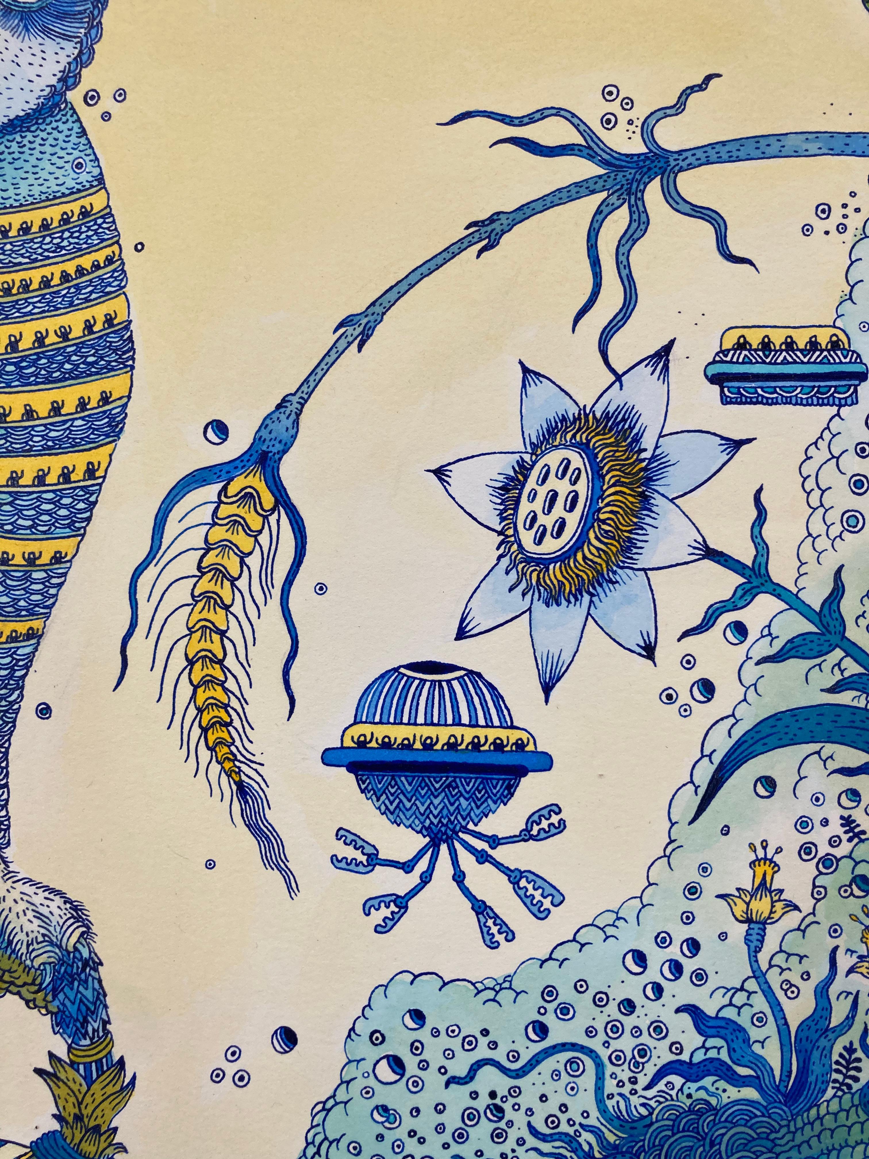 Technique de hibou bleu cobalt, oiseau, fleurs jaunes champignons futuristes en vente 3