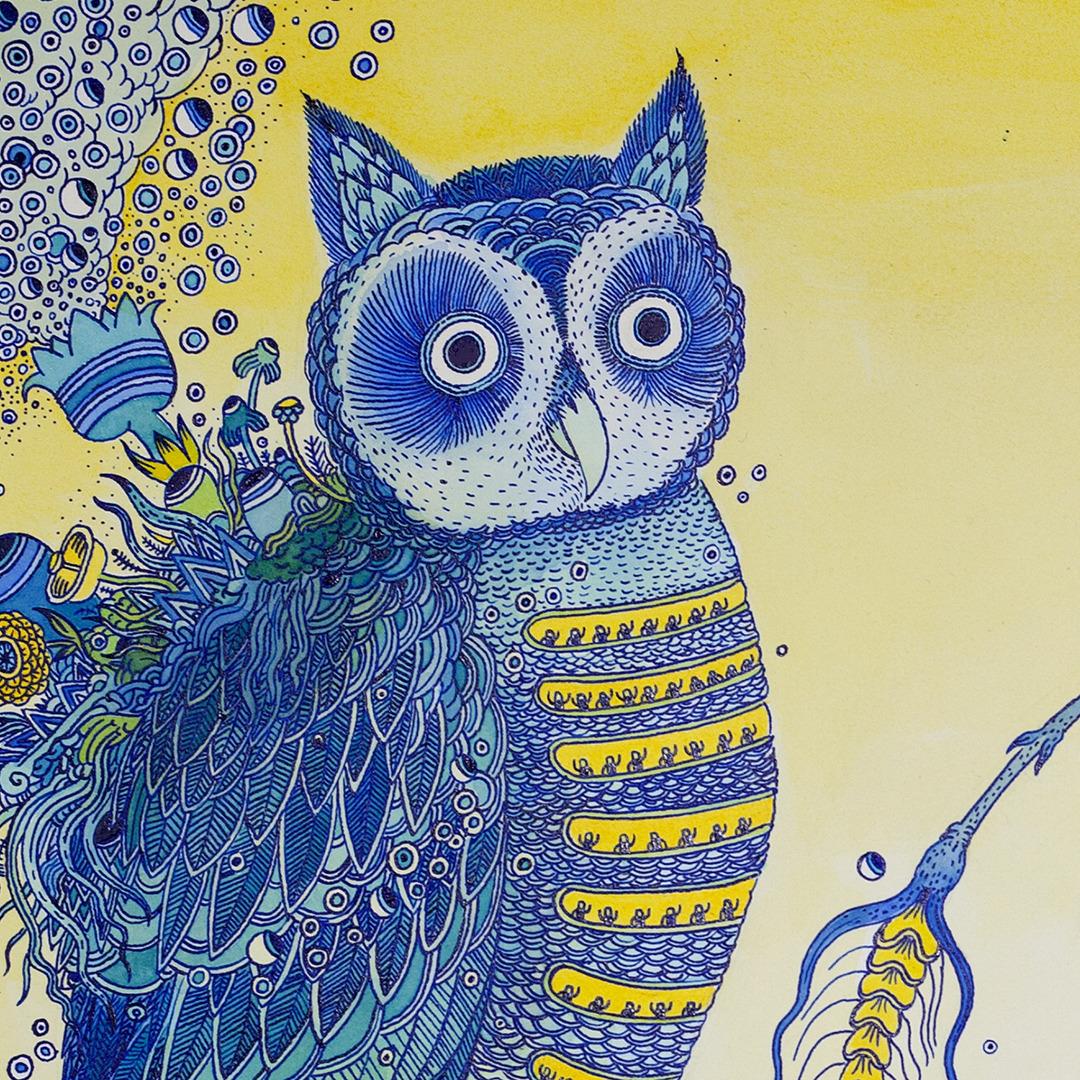 Owl Tech, Yellow, Cobalt Blue Owl, Bird, Flowers Mushrooms Futuristic Landscape - Contemporary Painting by Peter Hamlin