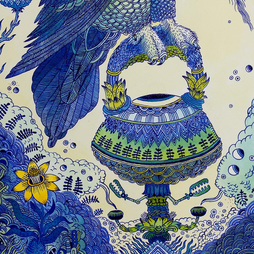 A futuristic animal hybrid is the focus of this fantastical landscape in acrylic ink on Arches watercolor paper by Peter Hamlin. The meticulously detailed owl-like creature in shades of cobalt blue is whimsical and surreal with flowers growing from