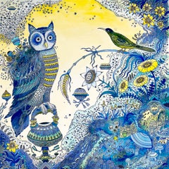Owl Tech, Yellow, Cobalt Blue Owl, Bird, Flowers Mushrooms Futuristic Landscape
