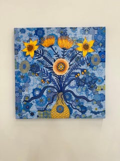 Power Plant - Yellow Flowers Blue Smiley Face Pattern Futuristic Botanical, 2024