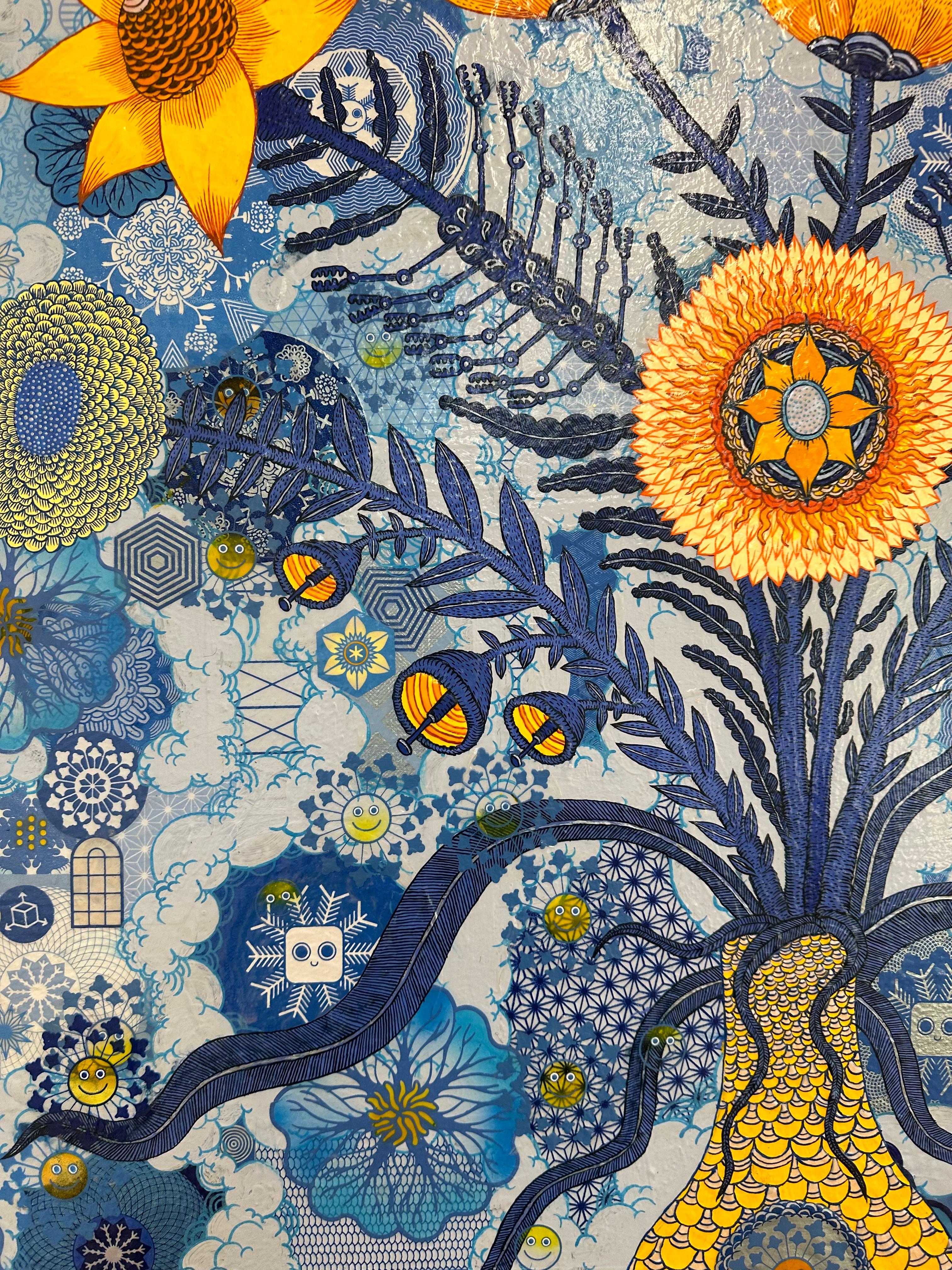 Centrale électrique - Fleurs jaunes Motif de visage souriant bleu Botanique futuriste, 2024 en vente 3