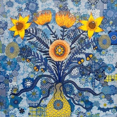 Central Eléctrica - Flores Amarillas Patrón Cara Sonriente Azul Botánico Futurista, 2024
