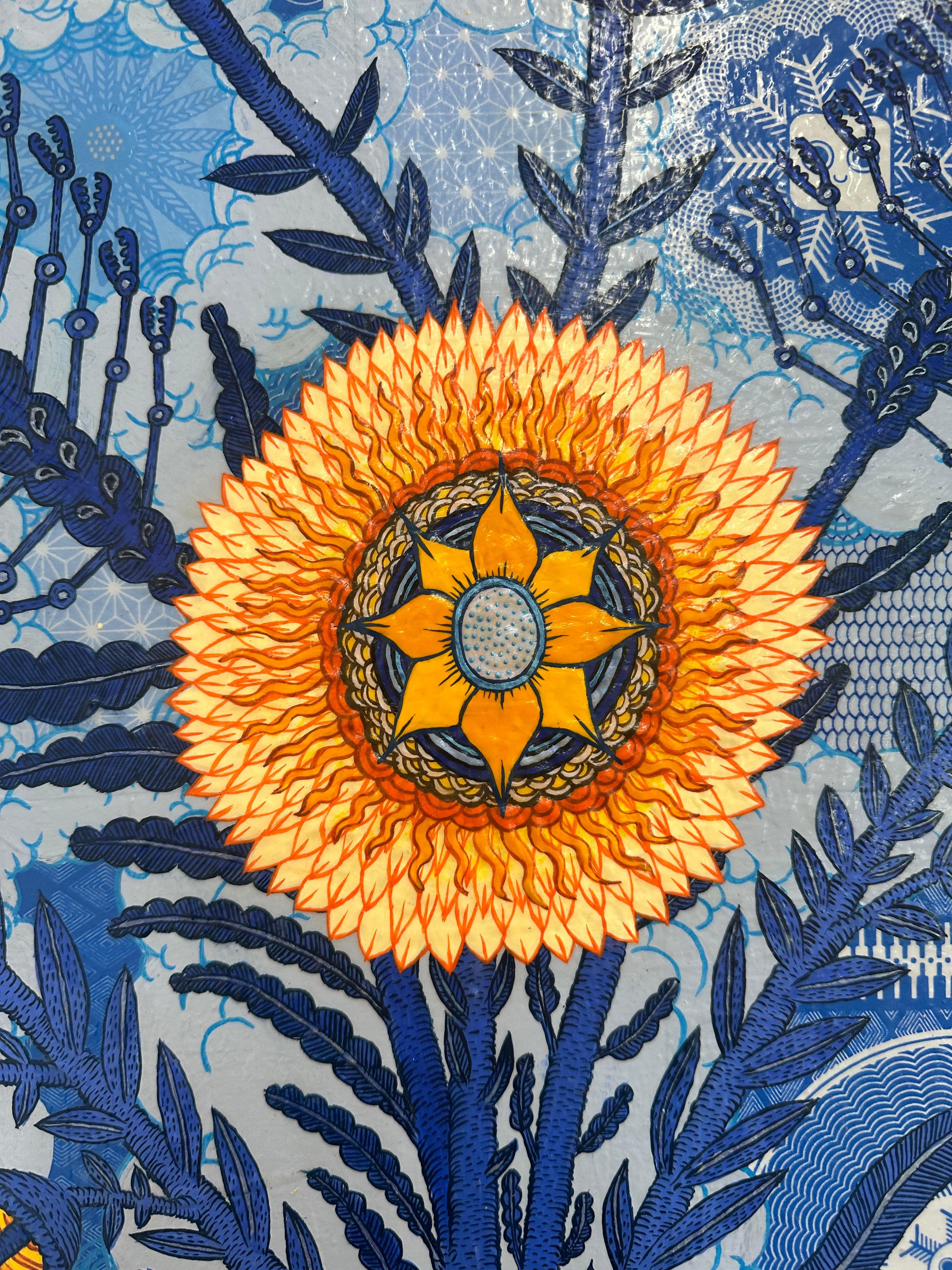 I fiori meticolosamente dettagliati con fiori gialli e arancioni e steli e foglie blu sono stravaganti e ultraterreni su uno sfondo intricato con emoji sorridenti. Firmato, datato e titolato sul retro.

Questa serie si ispira in parte ai confini