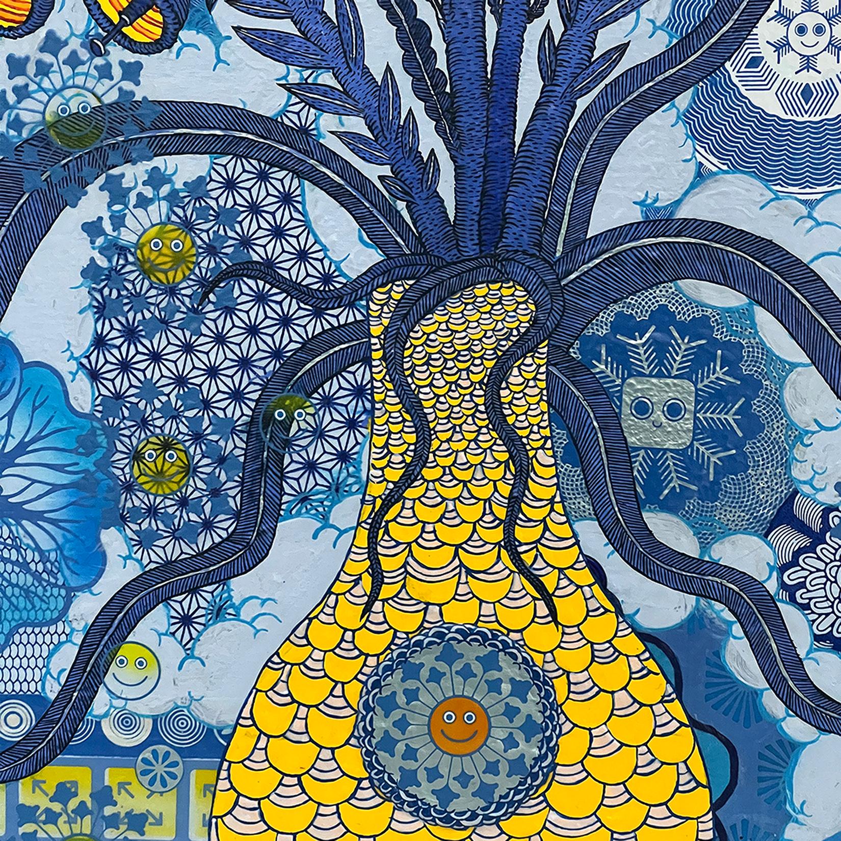 Centrale elettrica, fiori gialli Indaco, blu pervinca Botanica futuristica - Still-Life Painting Blu di Peter Hamlin
