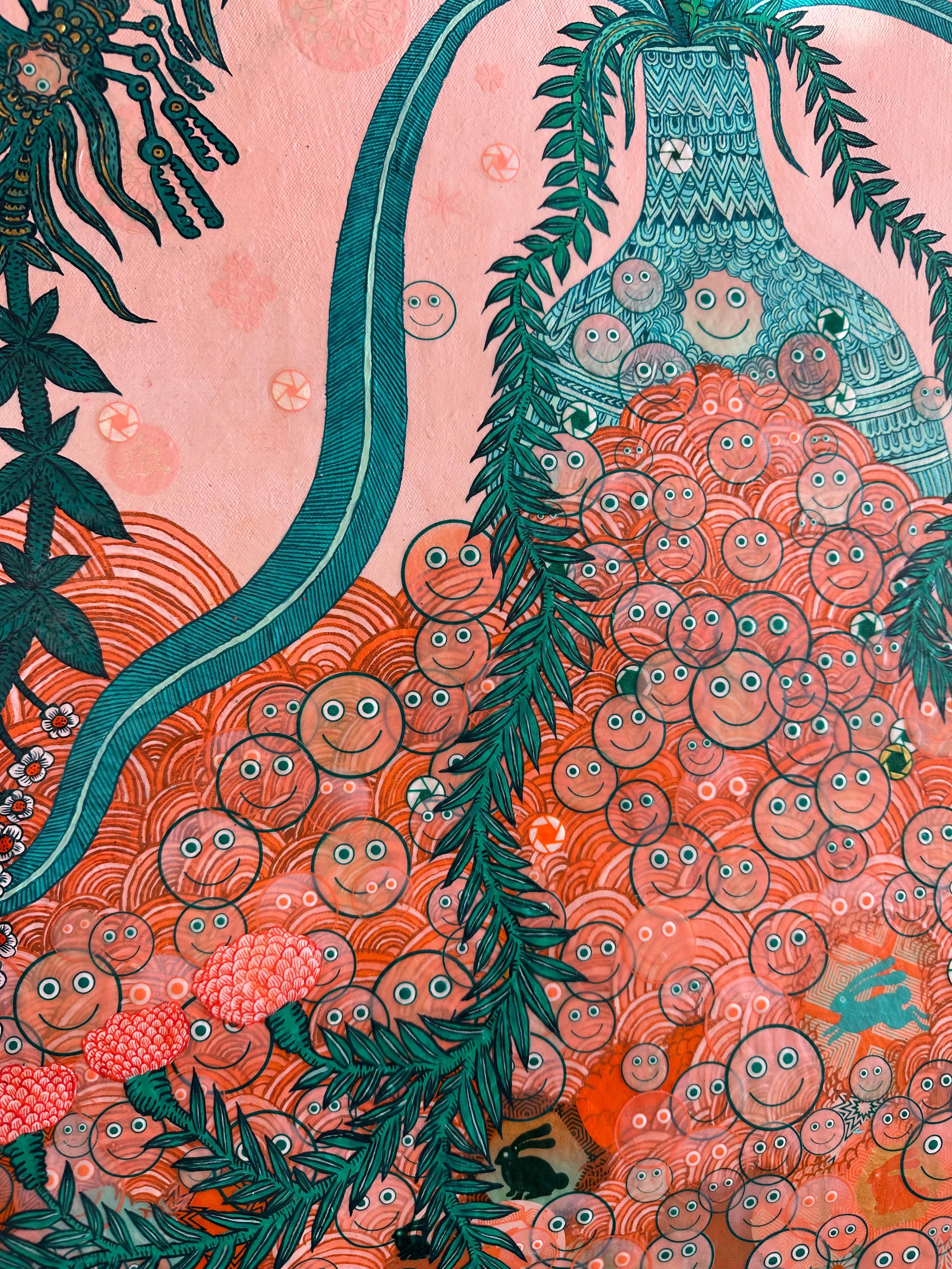 Rabbit Hole Singularity - Bunny Flowers Peach Pink Teal Surreal Botanical, 2023 For Sale 8