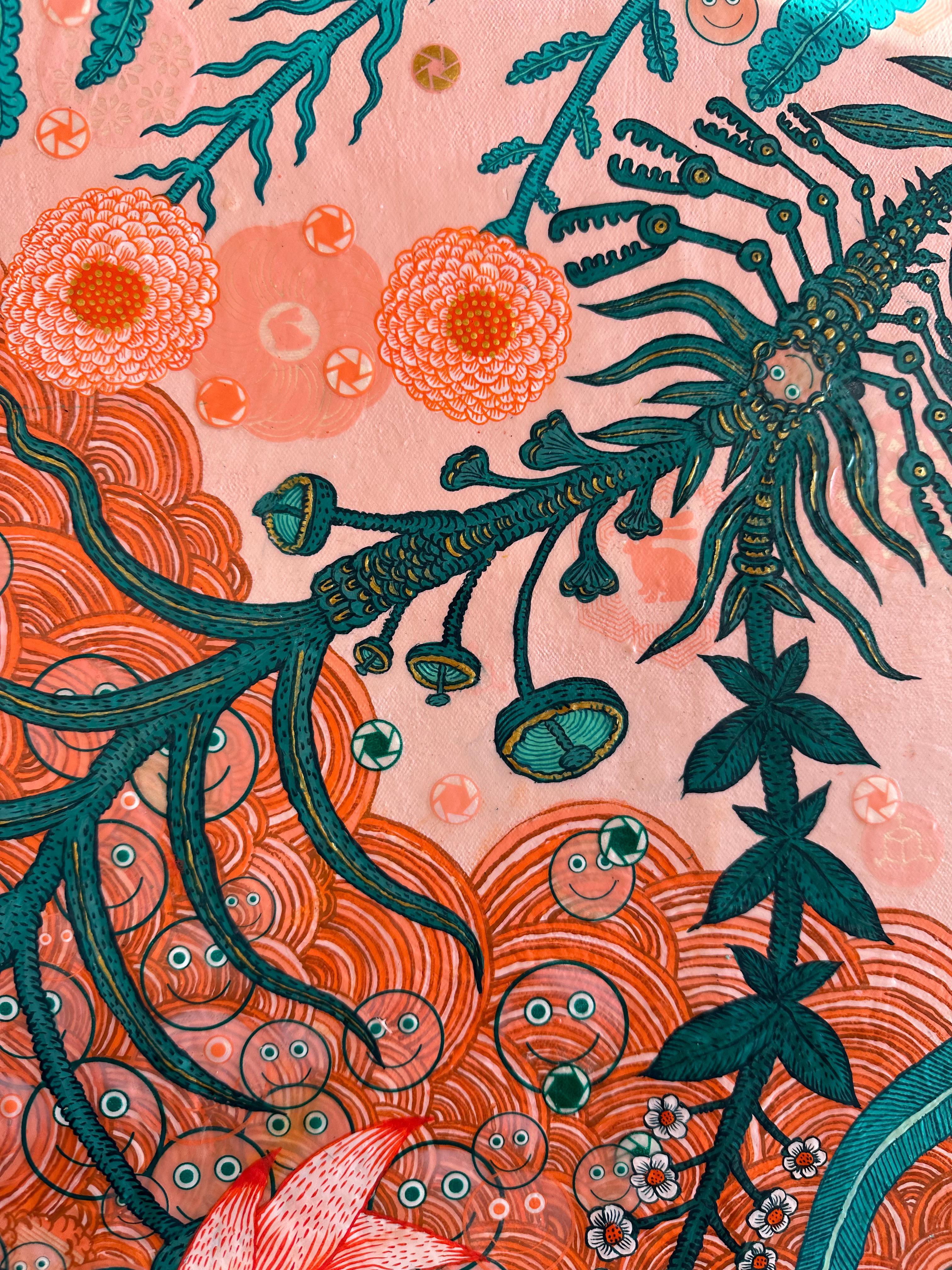 Rabbit Hole Singularity - Bunny Flowers Peach Pink Teal Surreal Botanical, 2023 For Sale 9