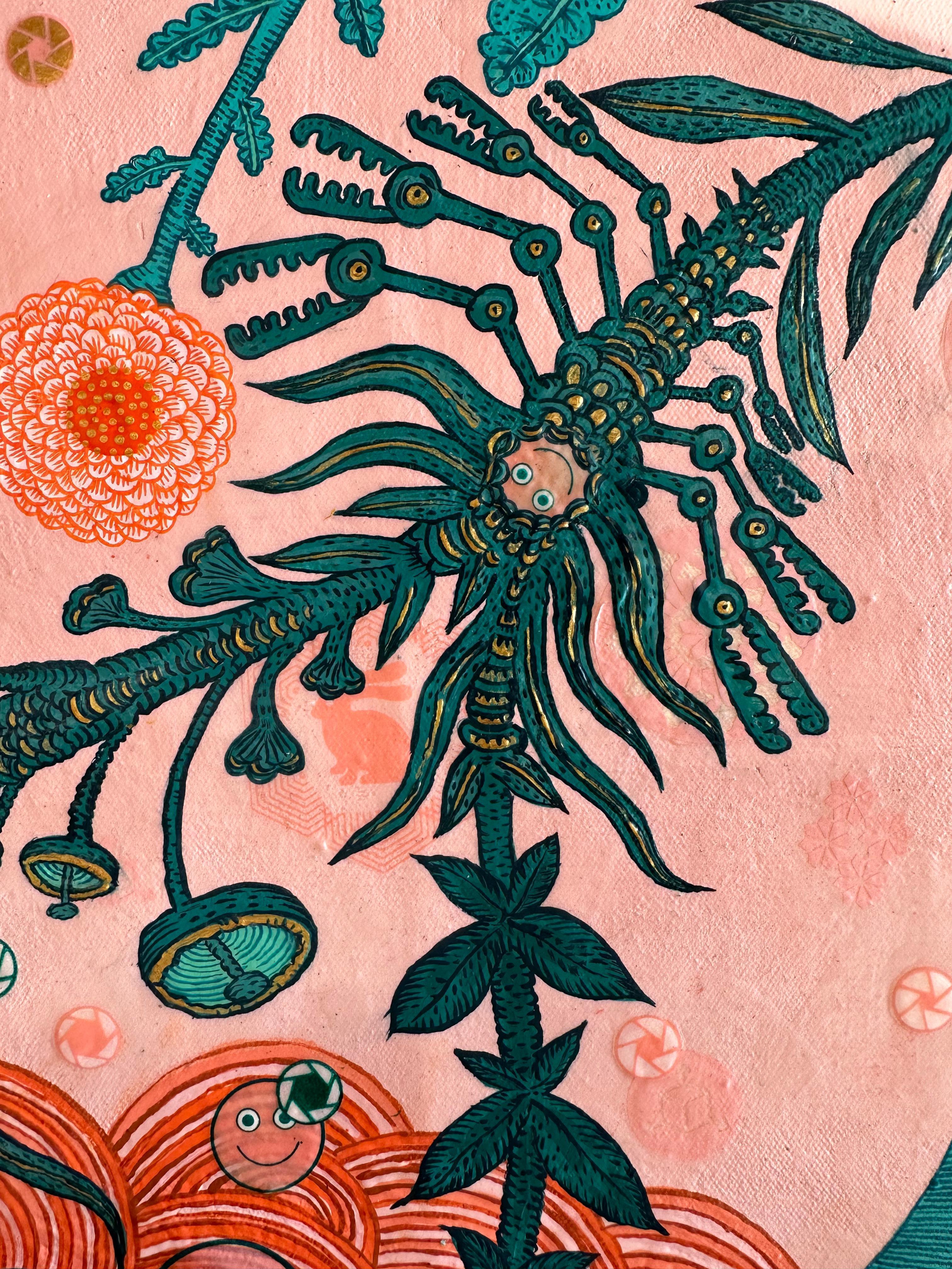 Rabbit Hole Singularity - Bunny Flowers Peach Pink Teal Surreal Botanical, 2023 For Sale 10