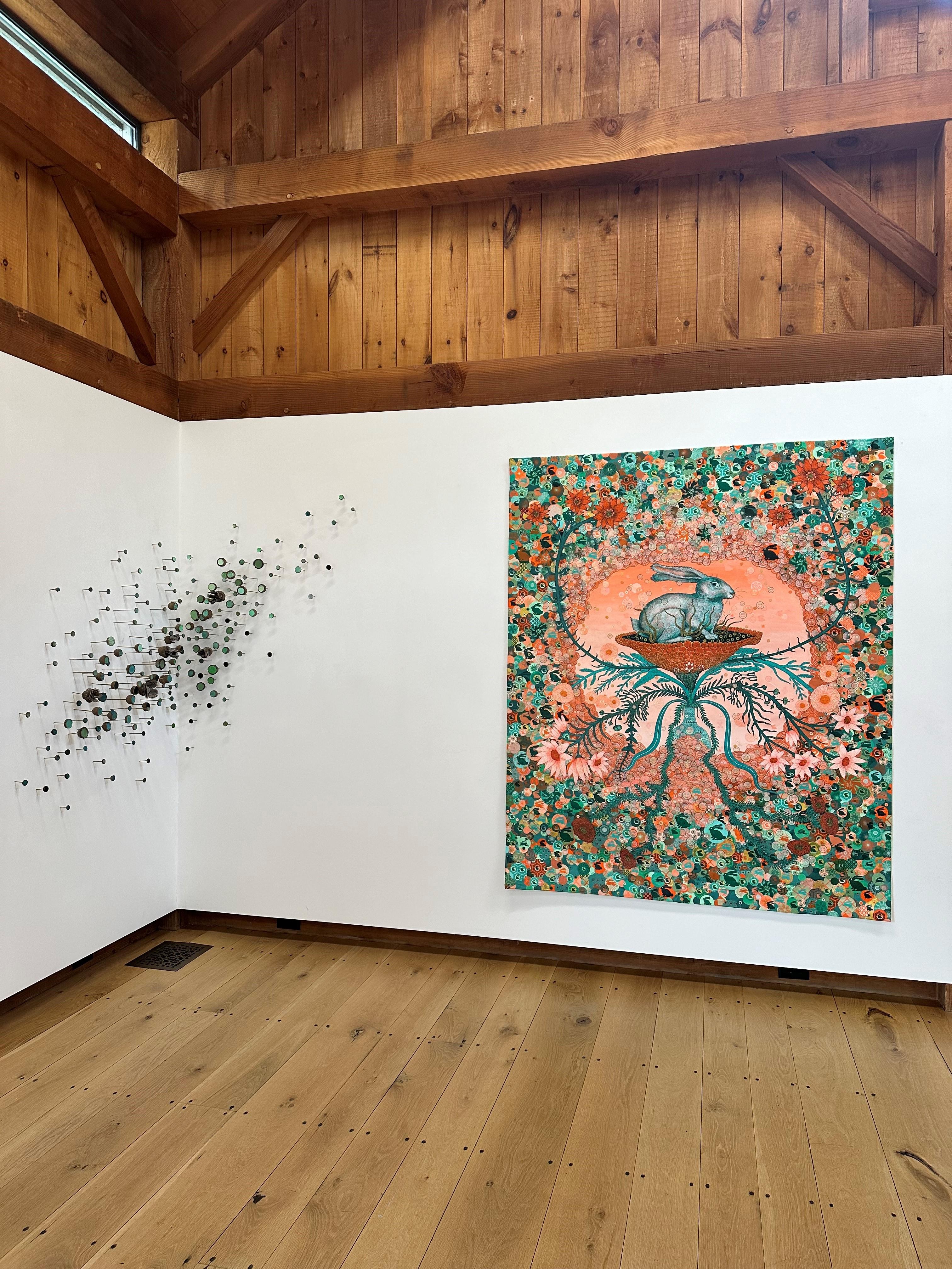 Rabbit Hole Singularity - Bunny Flowers Peach Pink Teal Surreal Botanical, 2023 - Painting by Peter Hamlin