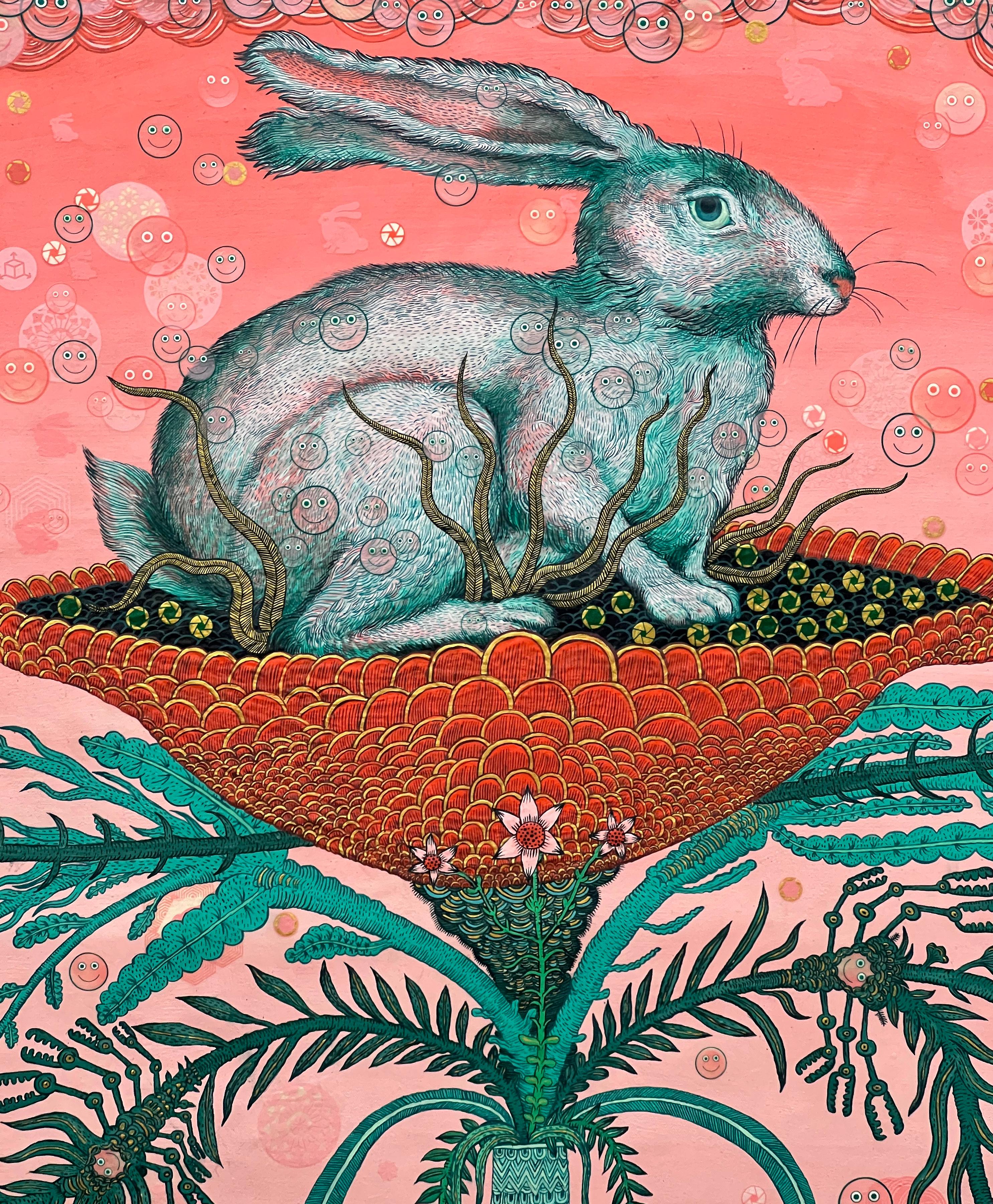 Rabbit Hole Singularity - Bunny Flowers Peach Pink Teal Surreal Botanical, 2023 - Blue Animal Painting by Peter Hamlin