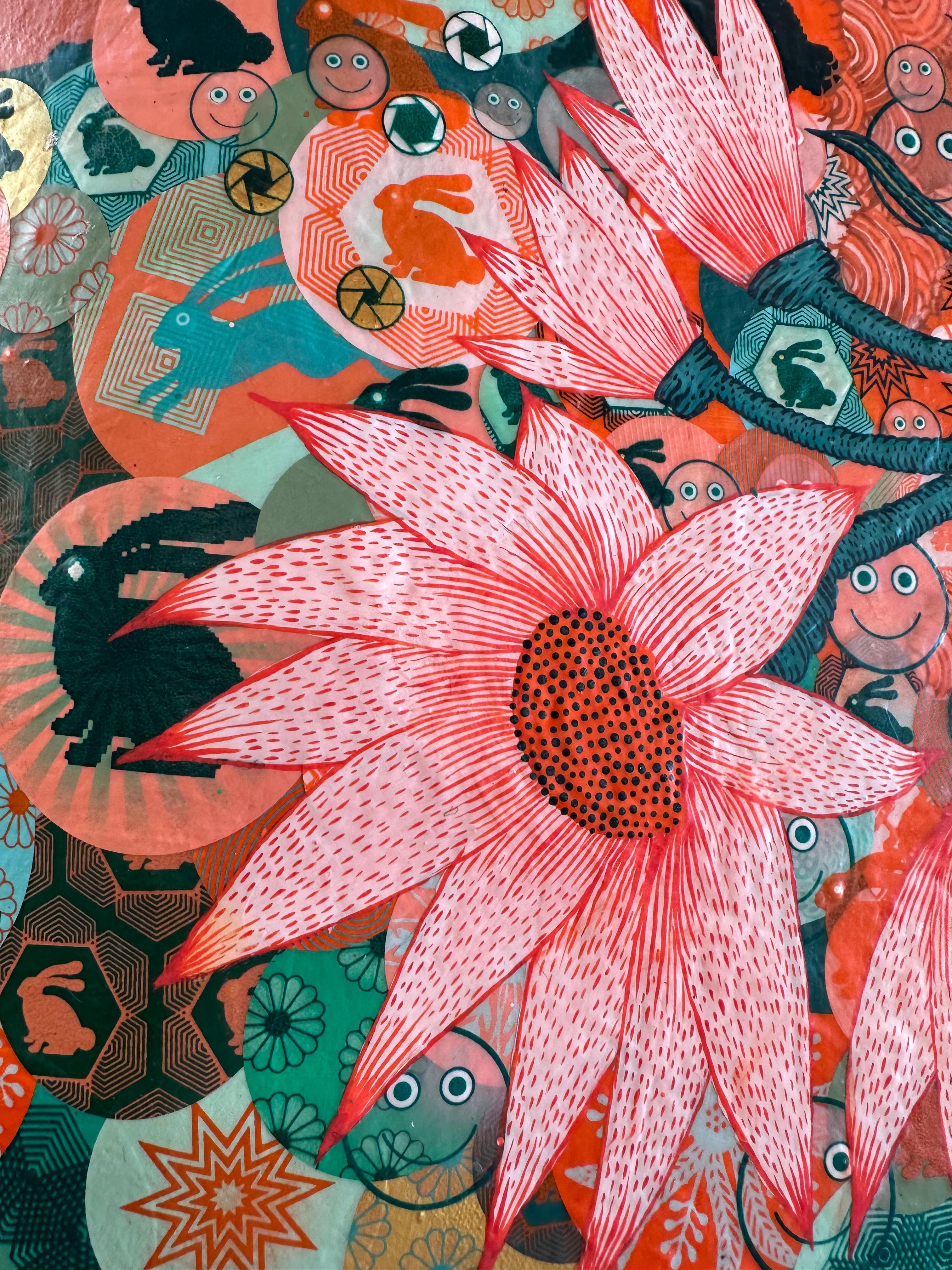 Rabbit Hole Singularity - Bunny Flowers Peach Pink Teal Surreal Botanical, 2023 For Sale 1