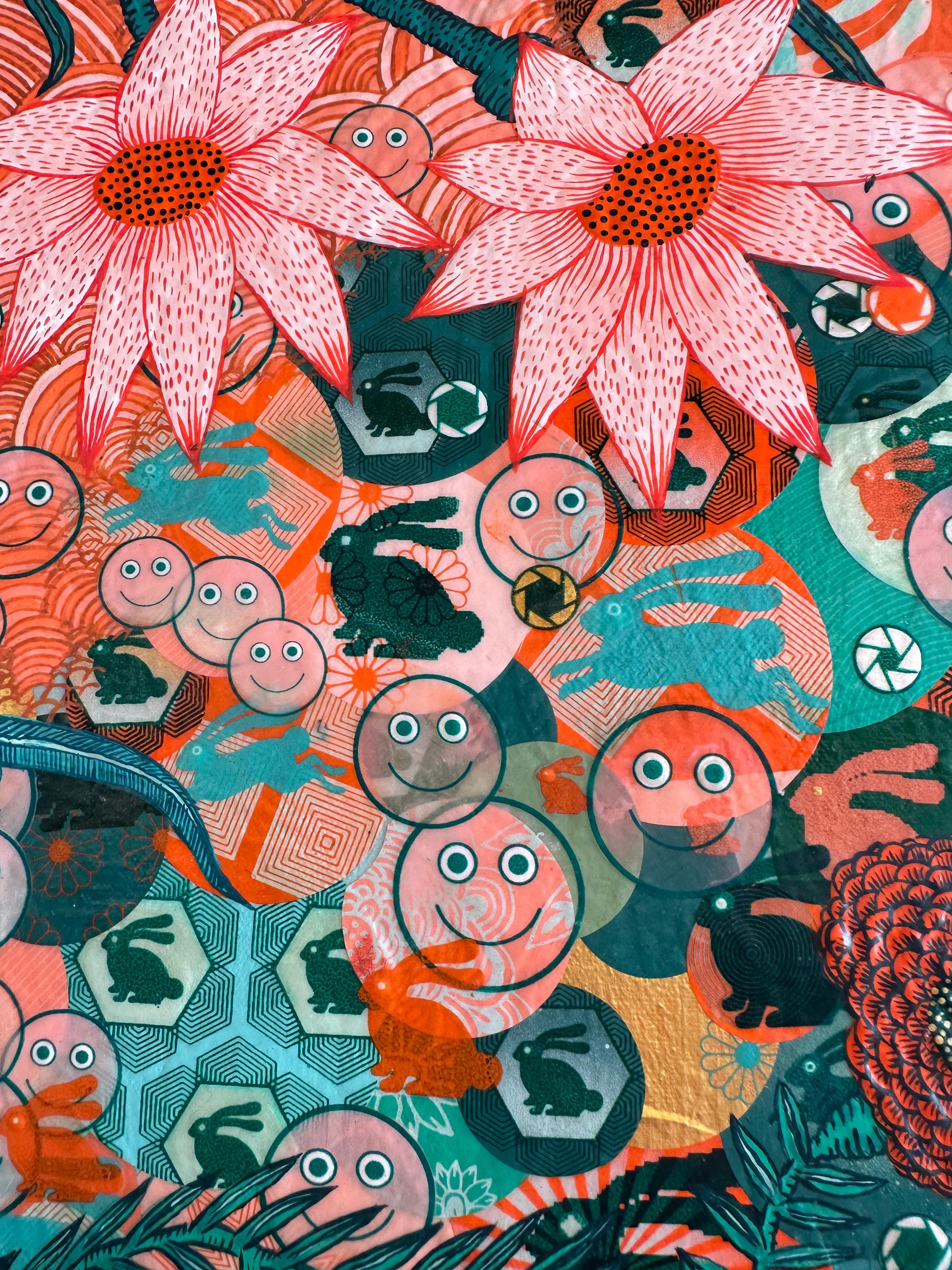 Rabbit Hole Singularity - Bunny Flowers Peach Pink Teal Surreal Botanical, 2023 For Sale 3