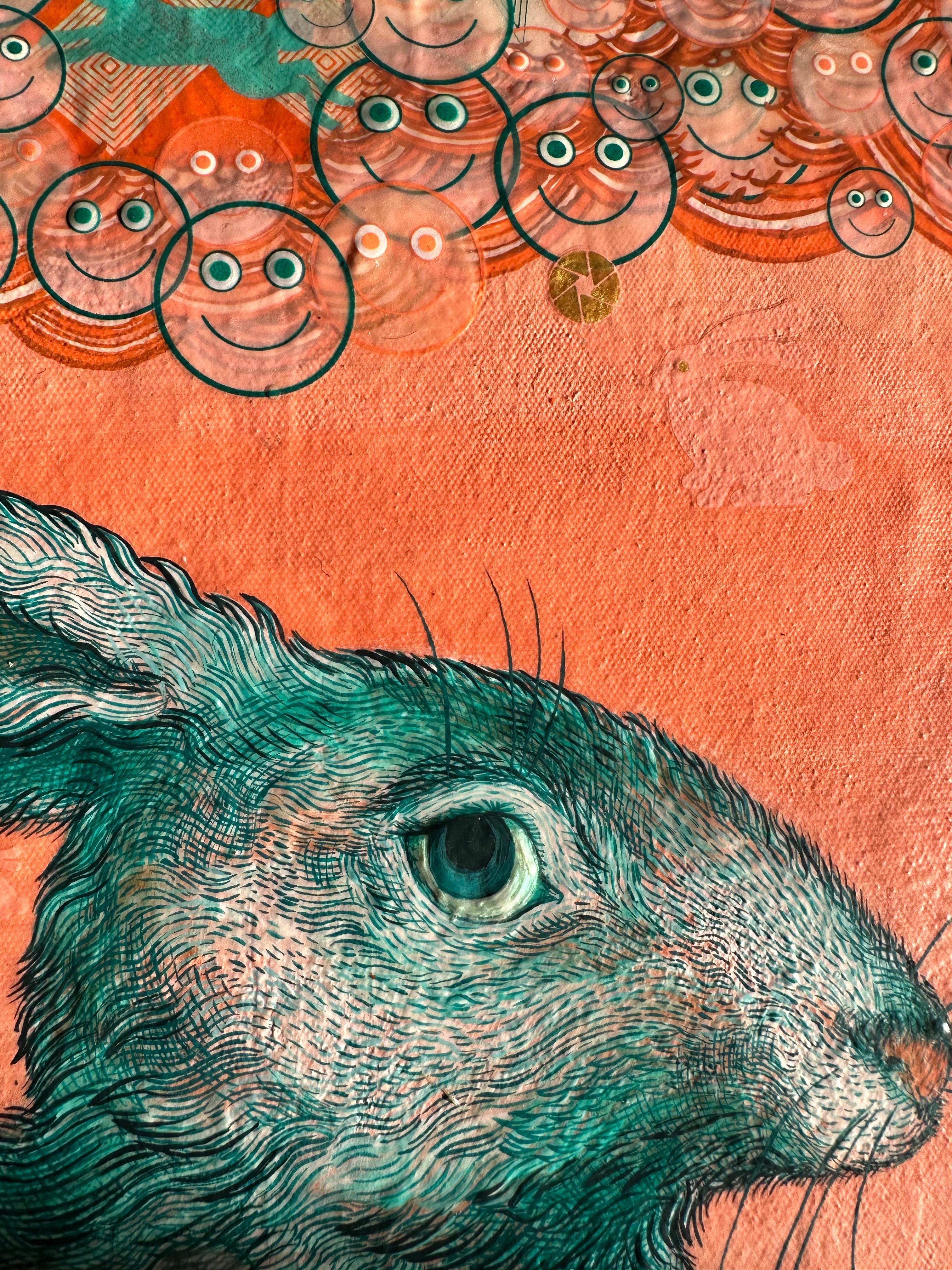 Rabbit Hole Singularity - Bunny Flowers Peach Pink Teal Surreal Botanical, 2023 For Sale 4