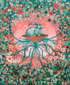 Kaninchenholz Singularität - Bunny Flowers Pfirsichrosa Teal Surreale Botanical, 2023