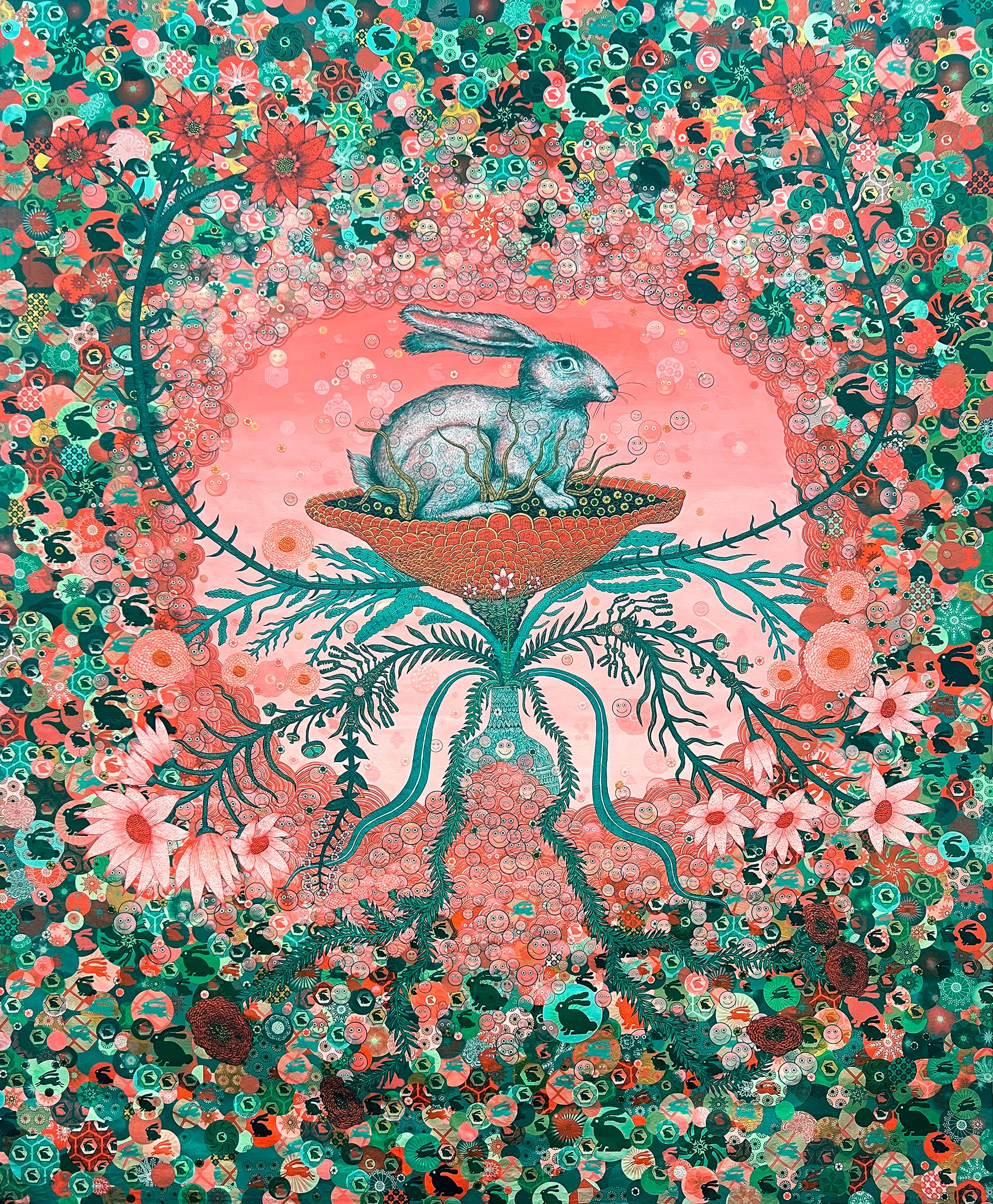 Peter Hamlin Landscape Painting - Rabbit Hole Singularity, Bunny, Flowers, Pink, Teal Surreal Botanical Landscape