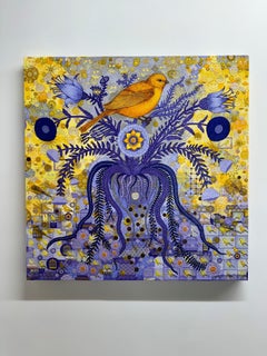 Pájaro Cantor Sintético - Naturaleza Muerta Futurista Animal Pájaro Amarillo Flor, 2024