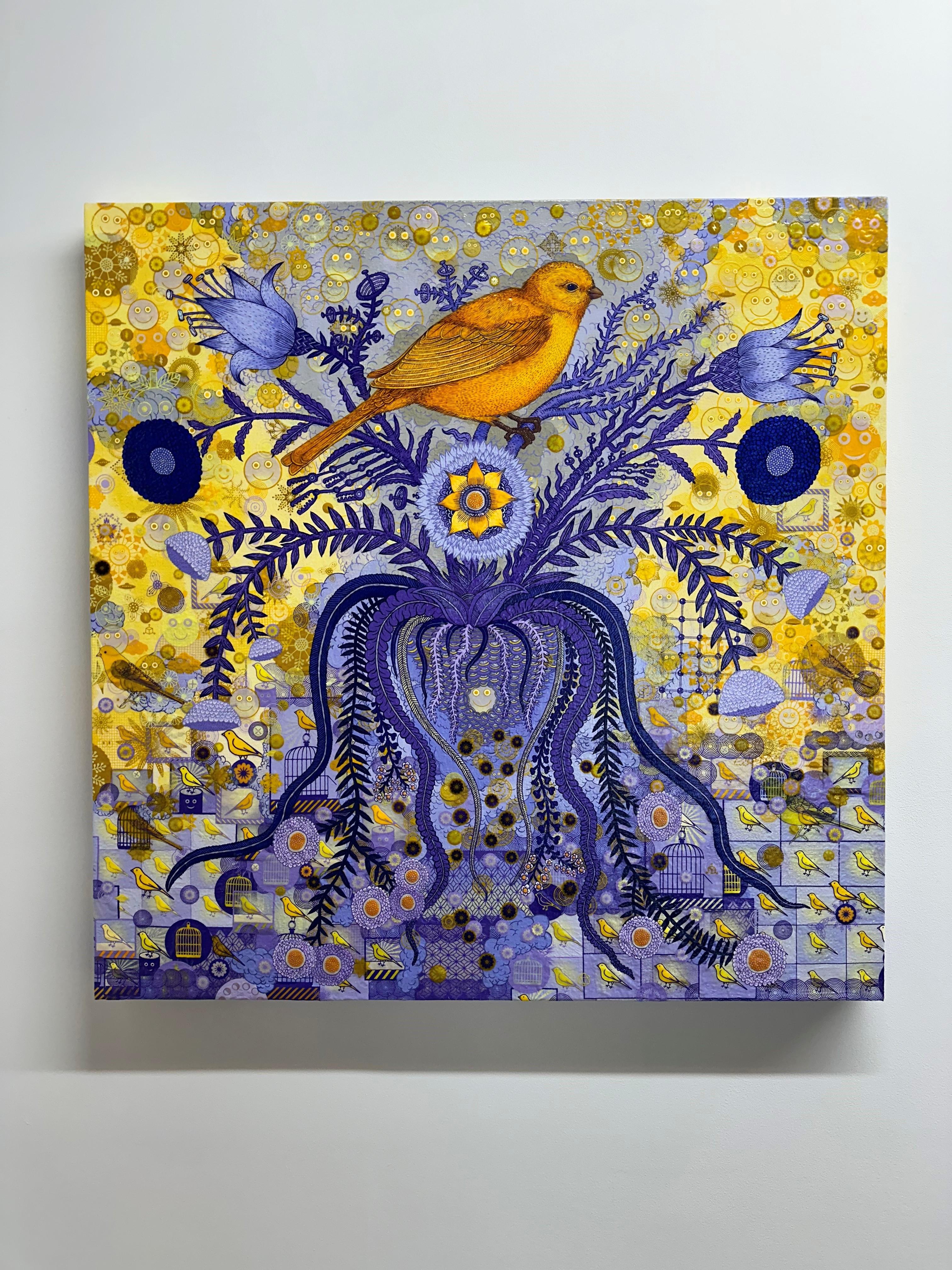 Pájaro Cantor Sintético - Pintura Contemporánea Naturaleza Muerta Animal Pájaro Flor, 2024 - Painting de Peter Hamlin