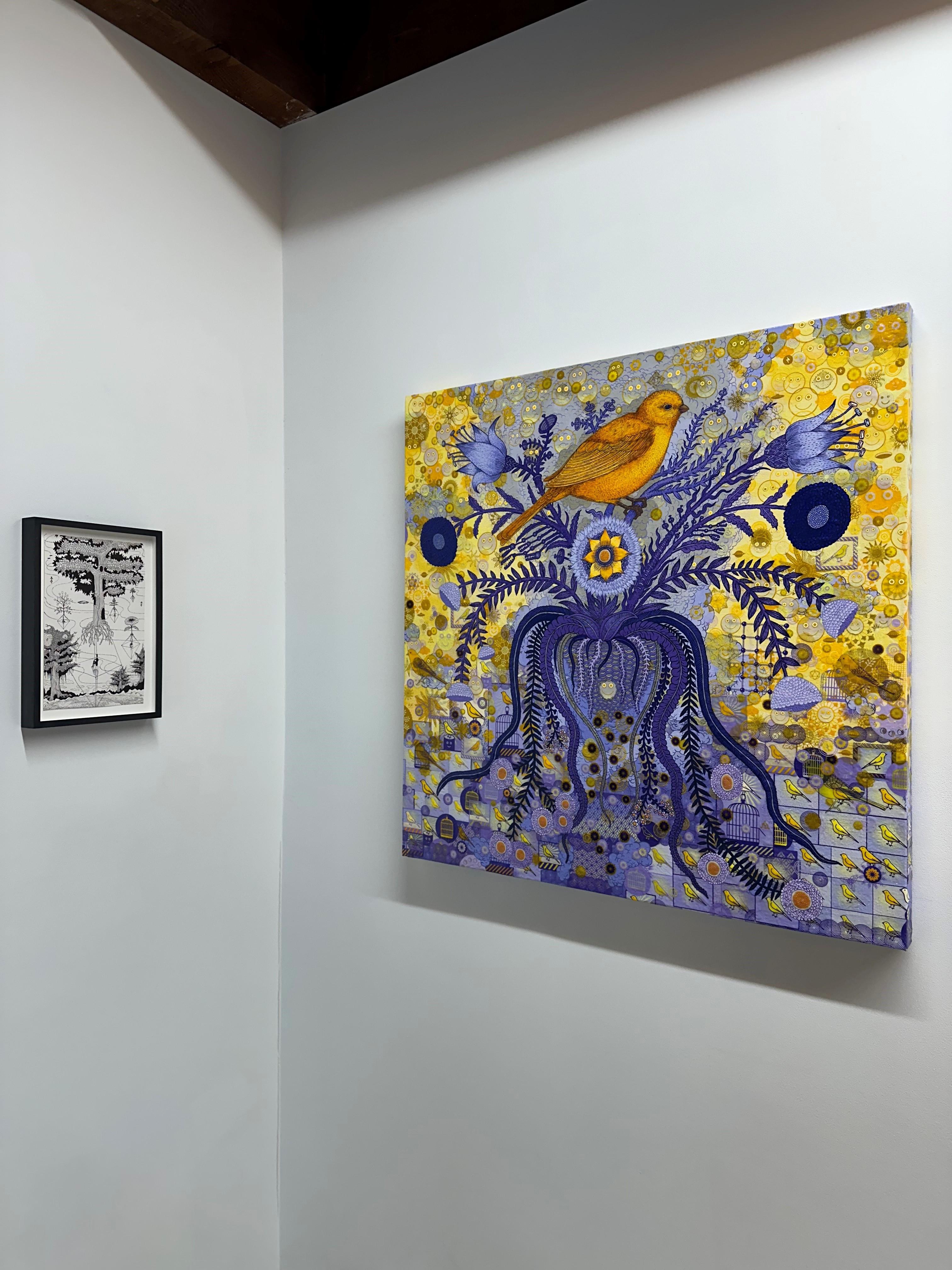 Pájaro Cantor Sintético - Pintura Contemporánea Naturaleza Muerta Animal Pájaro Flor, 2024 en venta 2