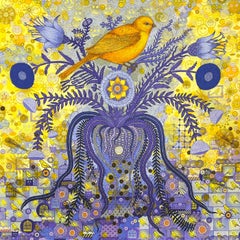 Synthetischer Singvogel - Zeitgenössisches Stillleben Tiermalerei Vogel Blume, 2024
