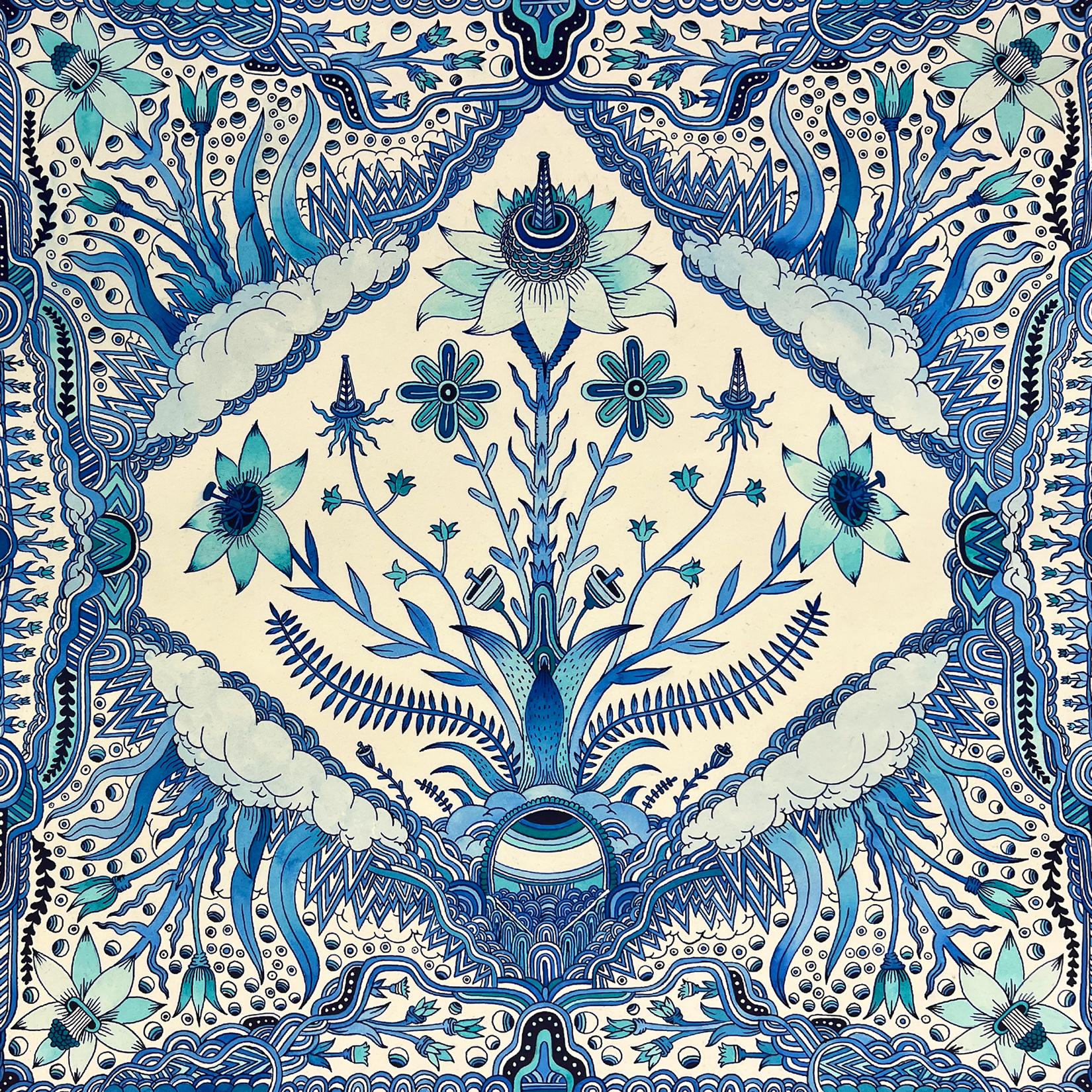 Peter Hamlin Landscape Painting - Transmission Flower - Flowers Eyeball Blue Surreal Plants Landscape, 2022