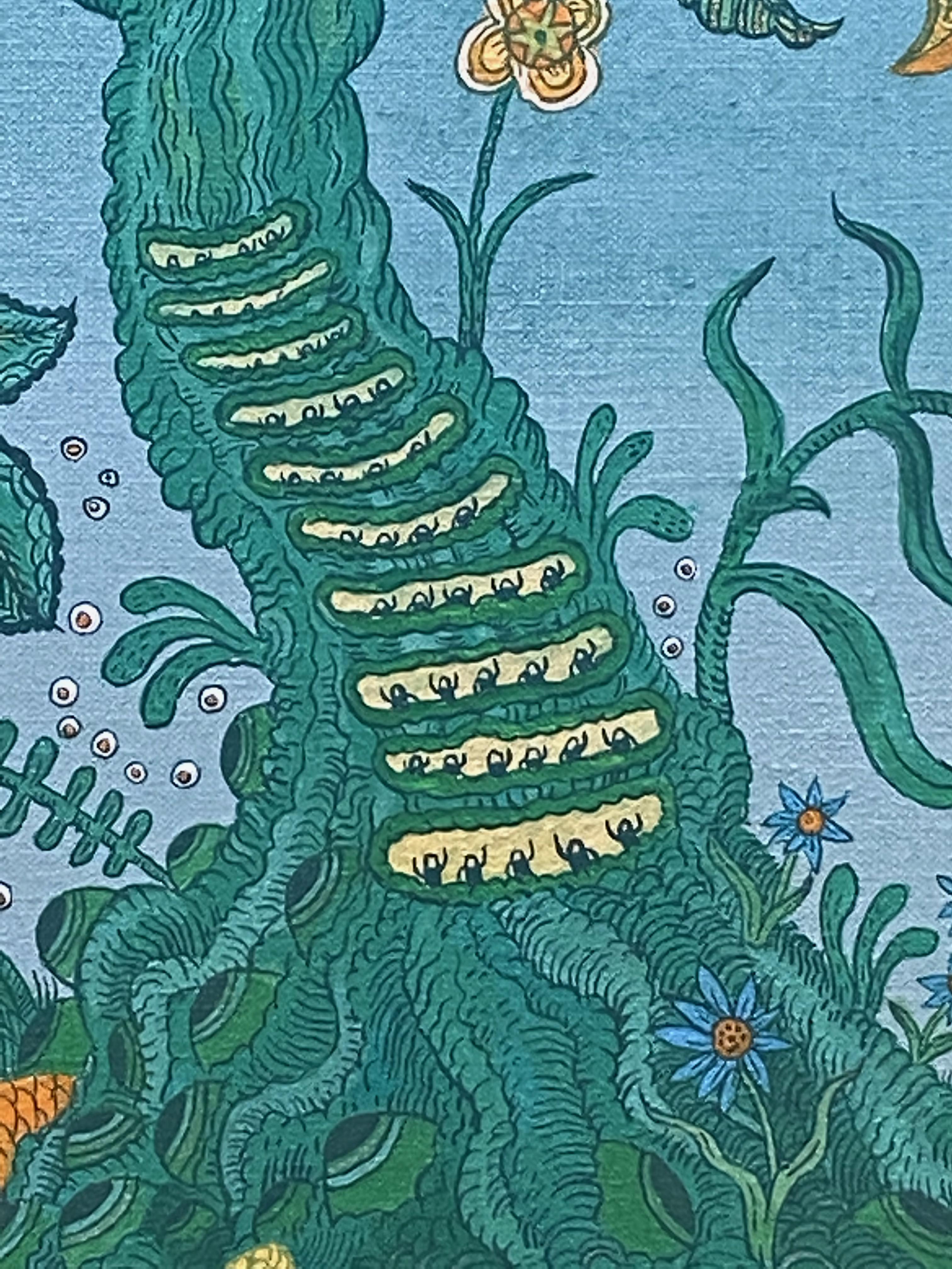 Baum des Lebens, Blau Grün Gelb Orange Futuristische botanische Landschaft, Tiere im Angebot 6