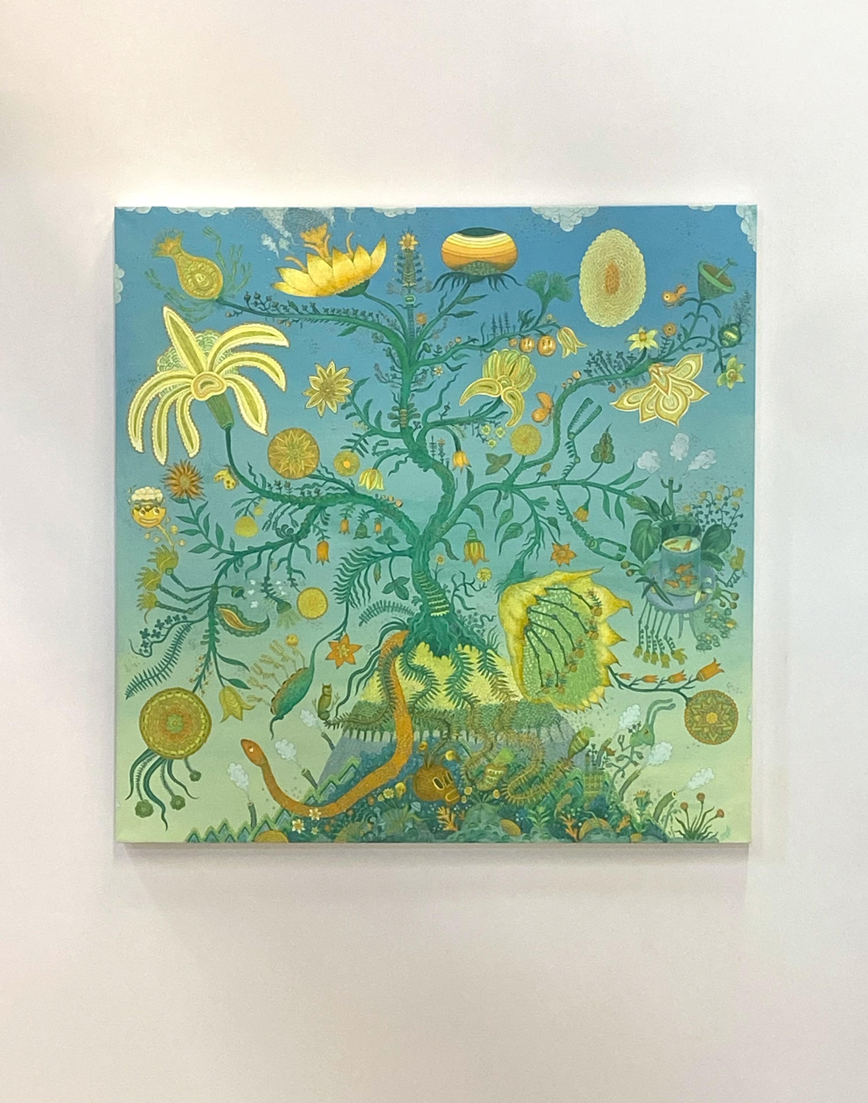Baum des Lebens, Blau Grün Gelb Orange Futuristische botanische Landschaft, Tiere – Painting von Peter Hamlin