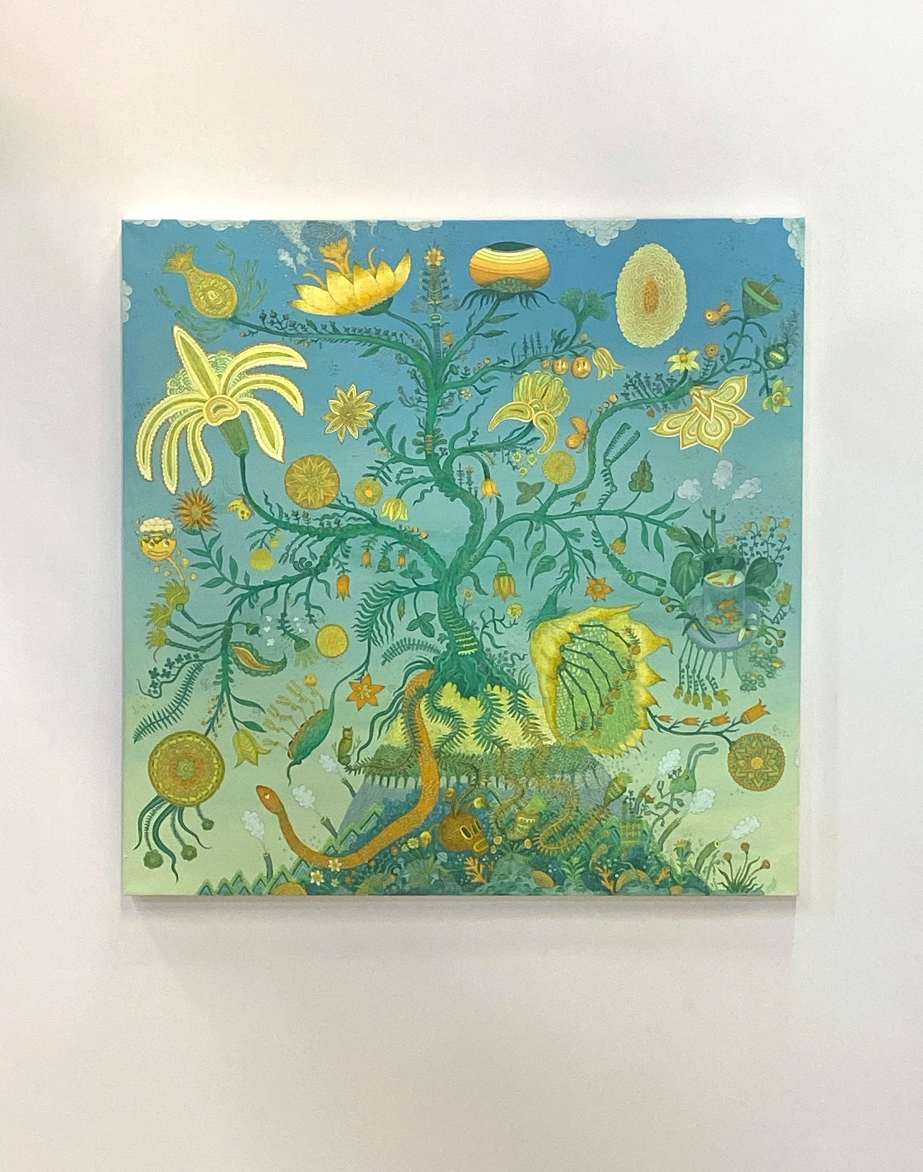 Albero della vita, blu, verde, giallo, arancione, paesaggio botanico futuristico, animali - Painting di Peter Hamlin