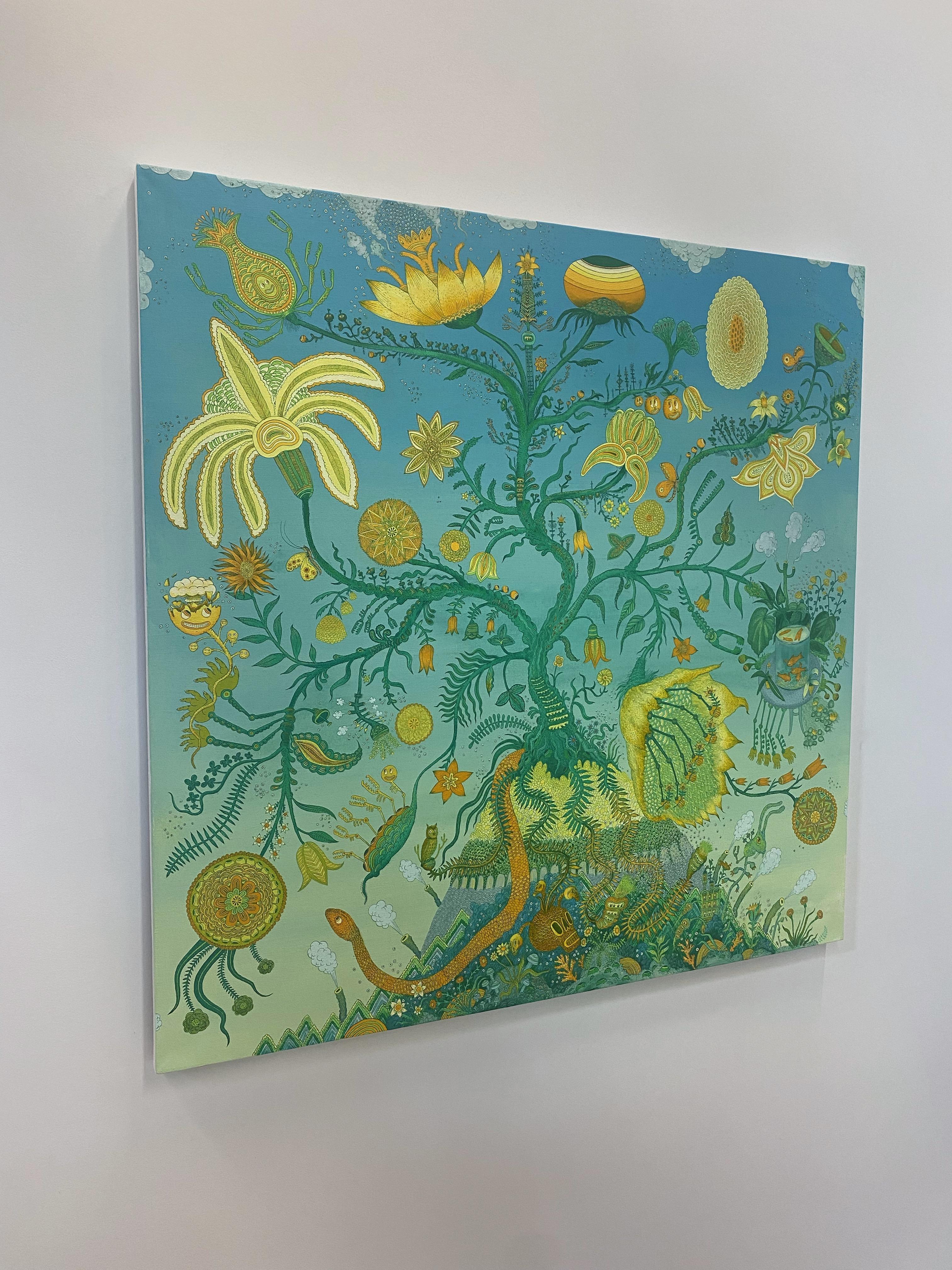 Baum des Lebens, Blau Grün Gelb Orange Futuristische botanische Landschaft, Tiere (Zeitgenössisch), Painting, von Peter Hamlin