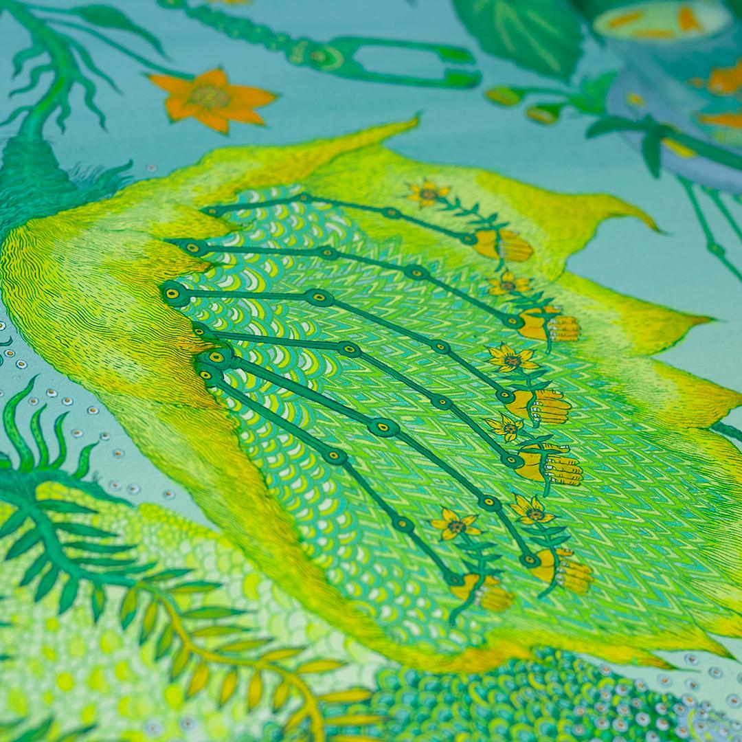 Futuristic botany is the focus of this contemporary fantastical landscape by Peter Hamlin in acrylic ink on linen. 

Meticulously detailed flowers with yellow and orange blossoms and bright green stems and leaves are whimsical and otherworldly,