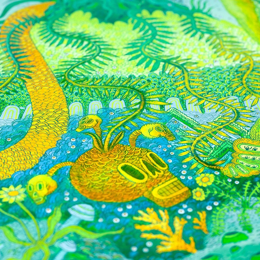 Tree of Life, Blue Green Yellow Orange Futuristic Botanical Landscape, Animals - Contemporary Painting by Peter Hamlin
