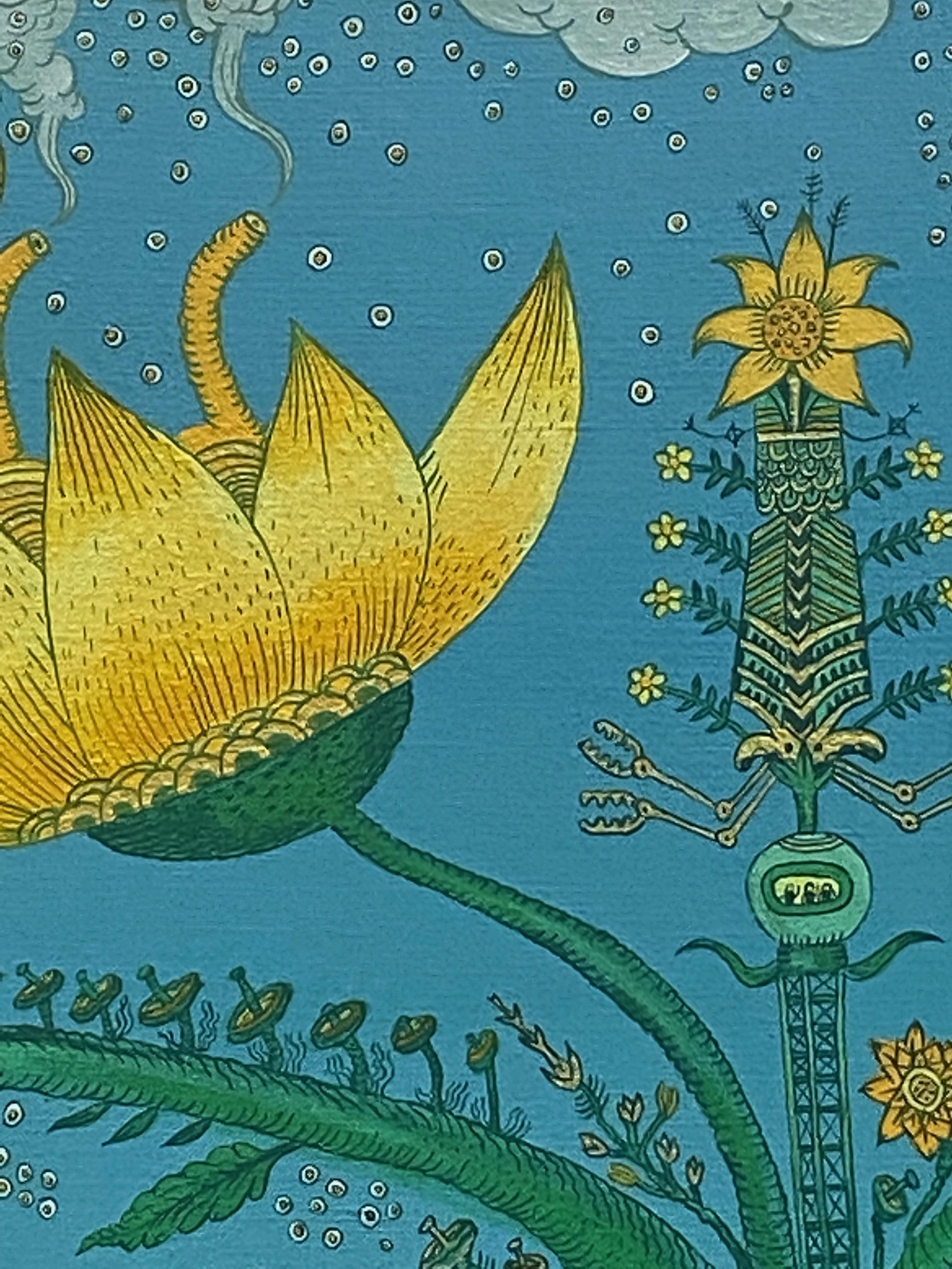 Albero della vita, blu, verde, giallo, arancione, paesaggio botanico futuristico, animali in vendita 4