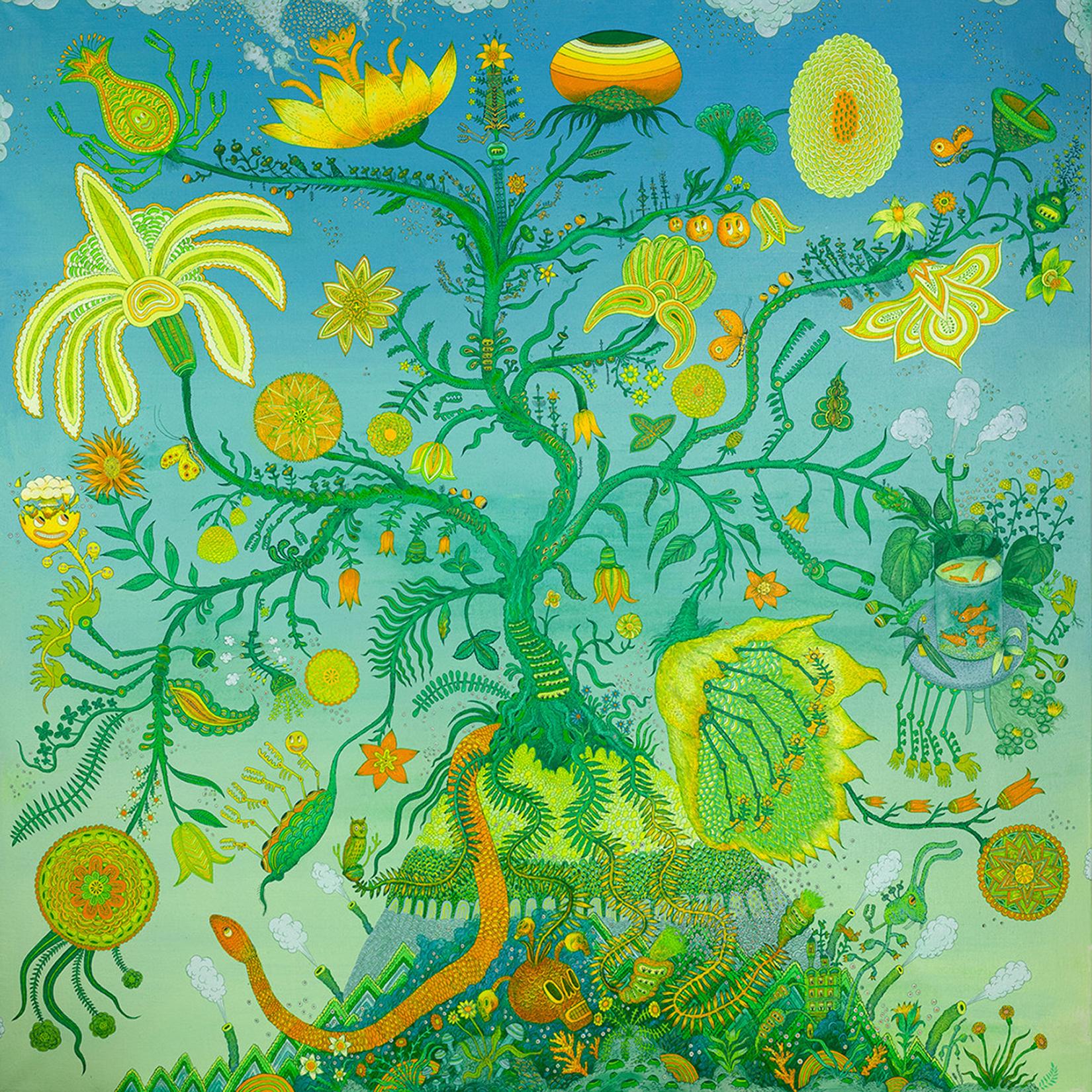Peter Hamlin Abstract Painting – Baum des Lebens, Blau Grün Gelb Orange Futuristische botanische Landschaft, Tiere