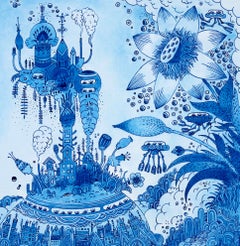 Turtletronics, Blue Turtle with Flowers, Spacecraft, Fantasy Landscape Whimiscal