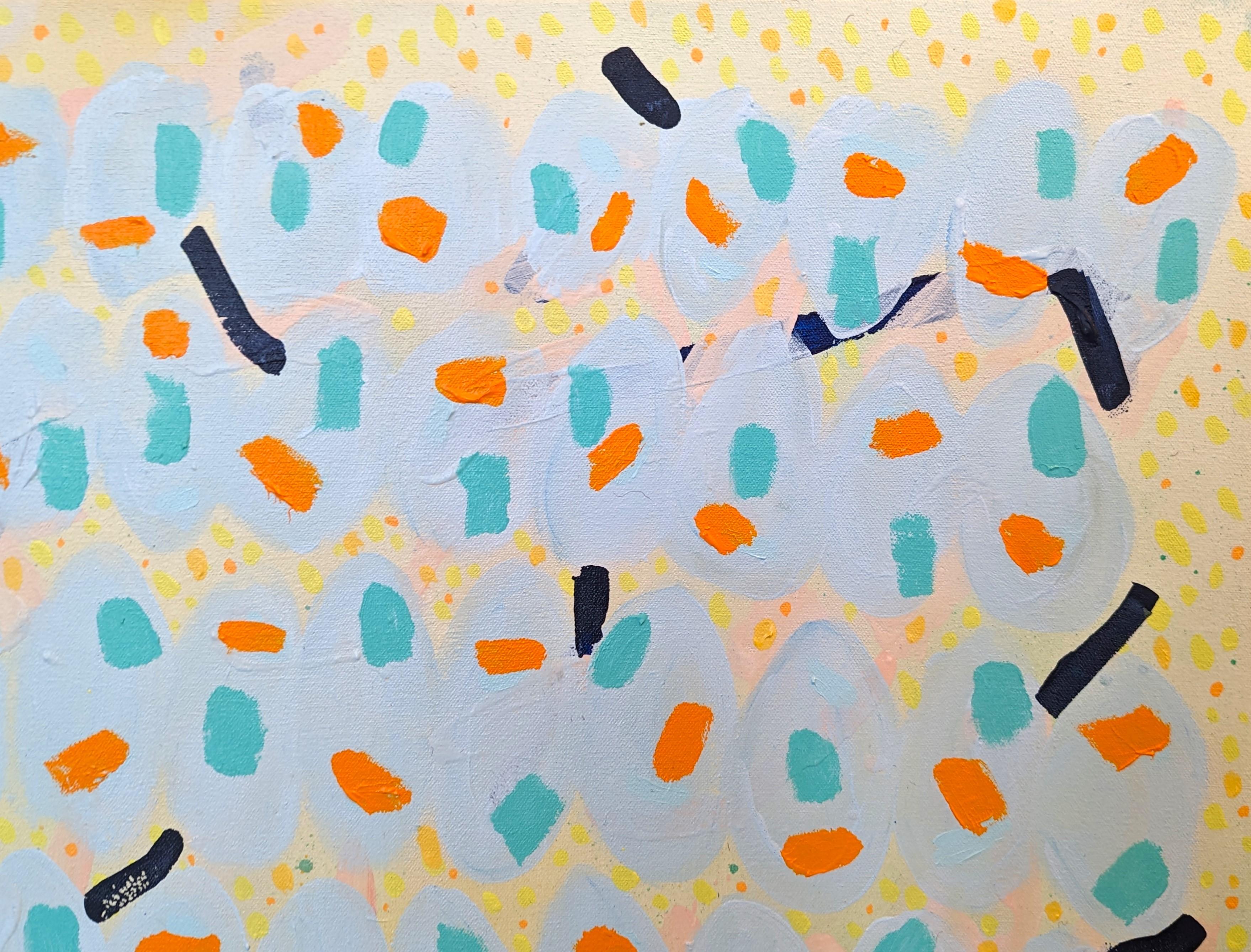 Peinture abstraite colorée de l'artiste contemporain de Houston Peter Healy. L'œuvre présente une variété de formes éparses, vibrantes et aux contours durs. Signé, titré et daté au verso. Actuellement non encadré, mais des options sont
