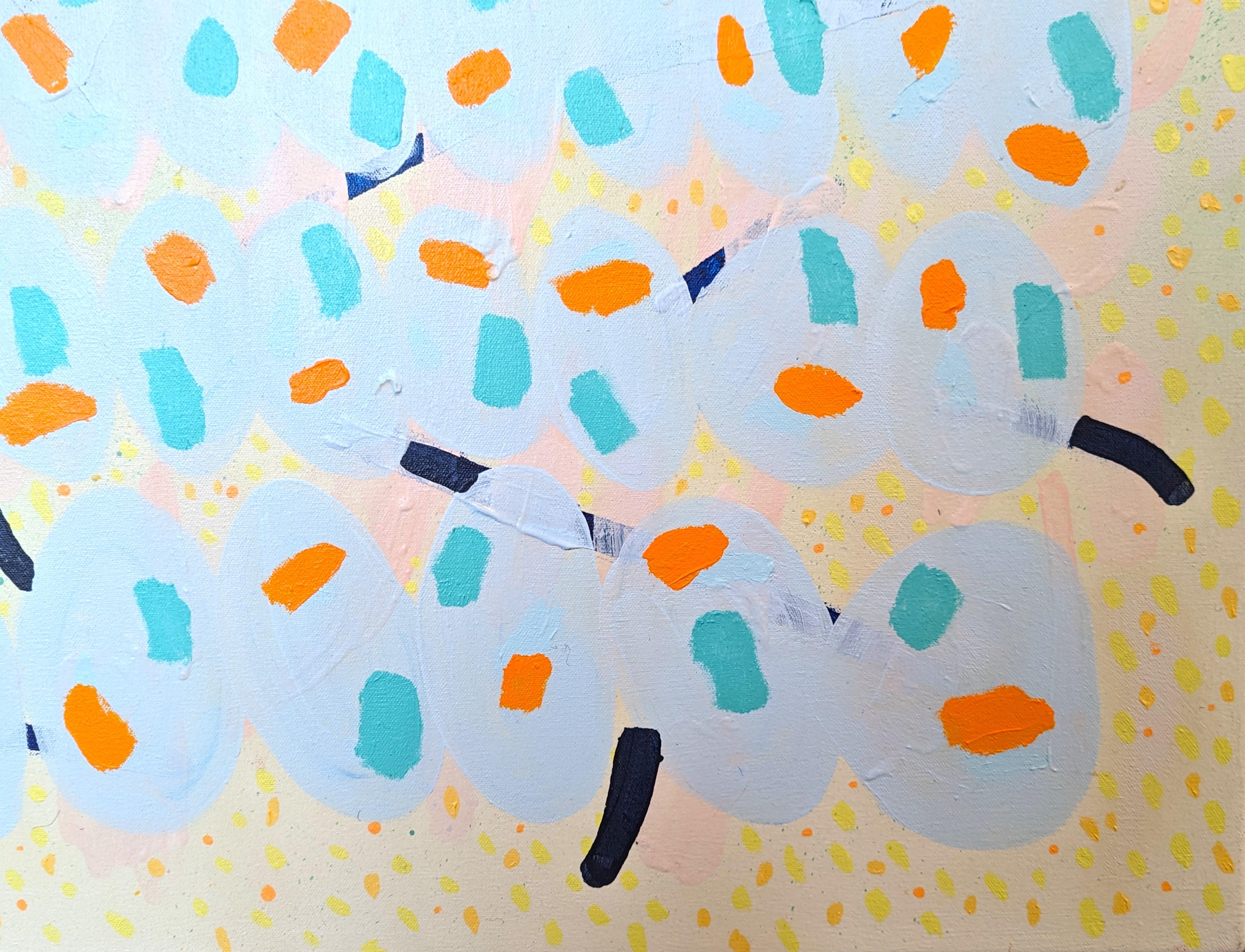 Colorato dipinto astratto dell'artista contemporaneo di Houston Peter Healy. L'opera è caratterizzata da una varietà di forme sparse, vibranti e dure. Firmato, intitolato e datato sul retro. Attualmente non è incorniciato, ma sono disponibili