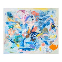 "Celebrando el amanecer" Gran pintura expresionista abstracta contemporánea en tonos azules
