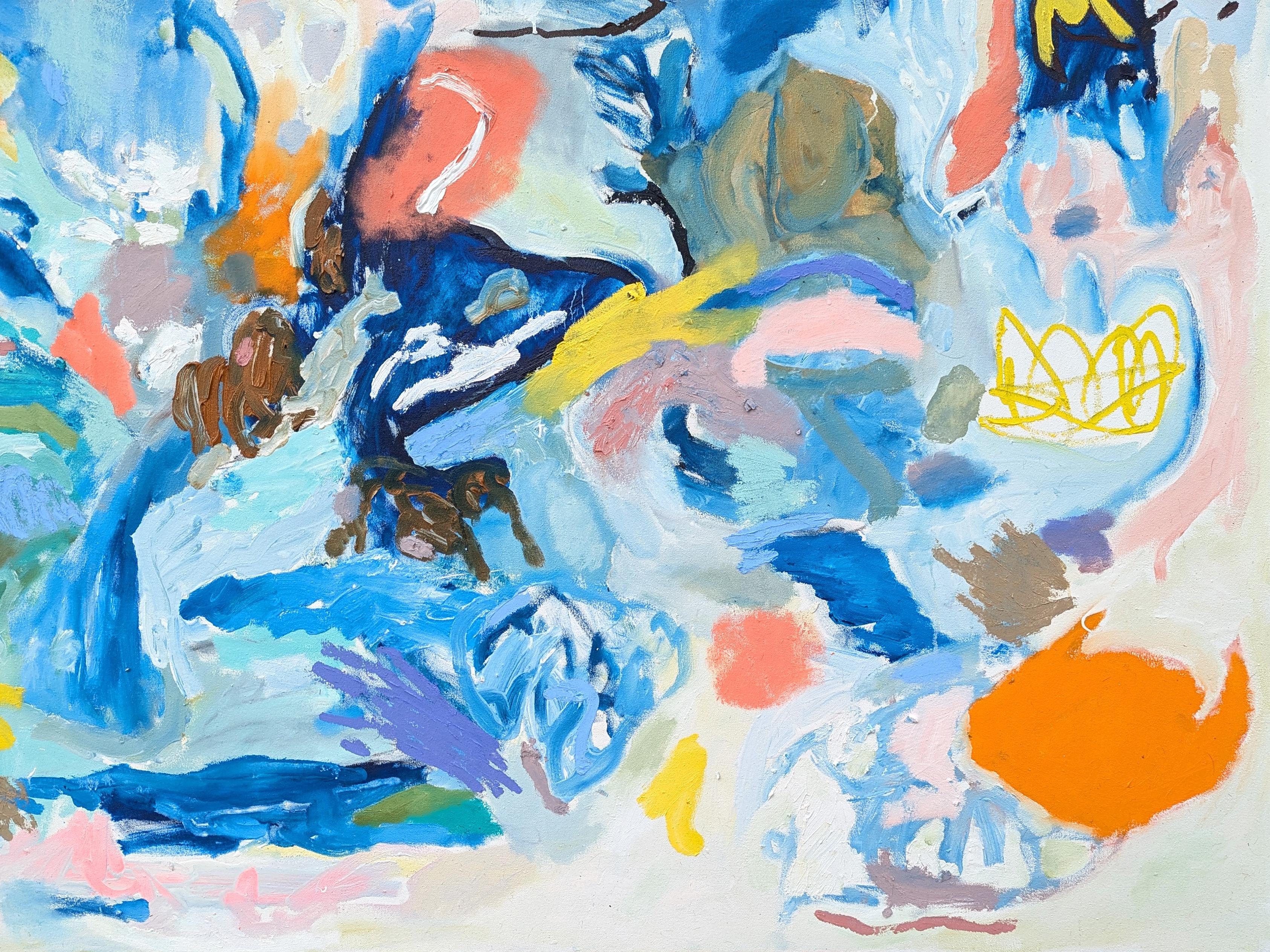 Pintura contemporánea de tonos fríos del artista afincado en Houston Peter Healy. La obra presenta expresivos trazos naranjas y amarillos sobre un fondo azul. Firmado, titulado y fechado en el reverso. Actualmente sin enmarcar, pero hay opciones