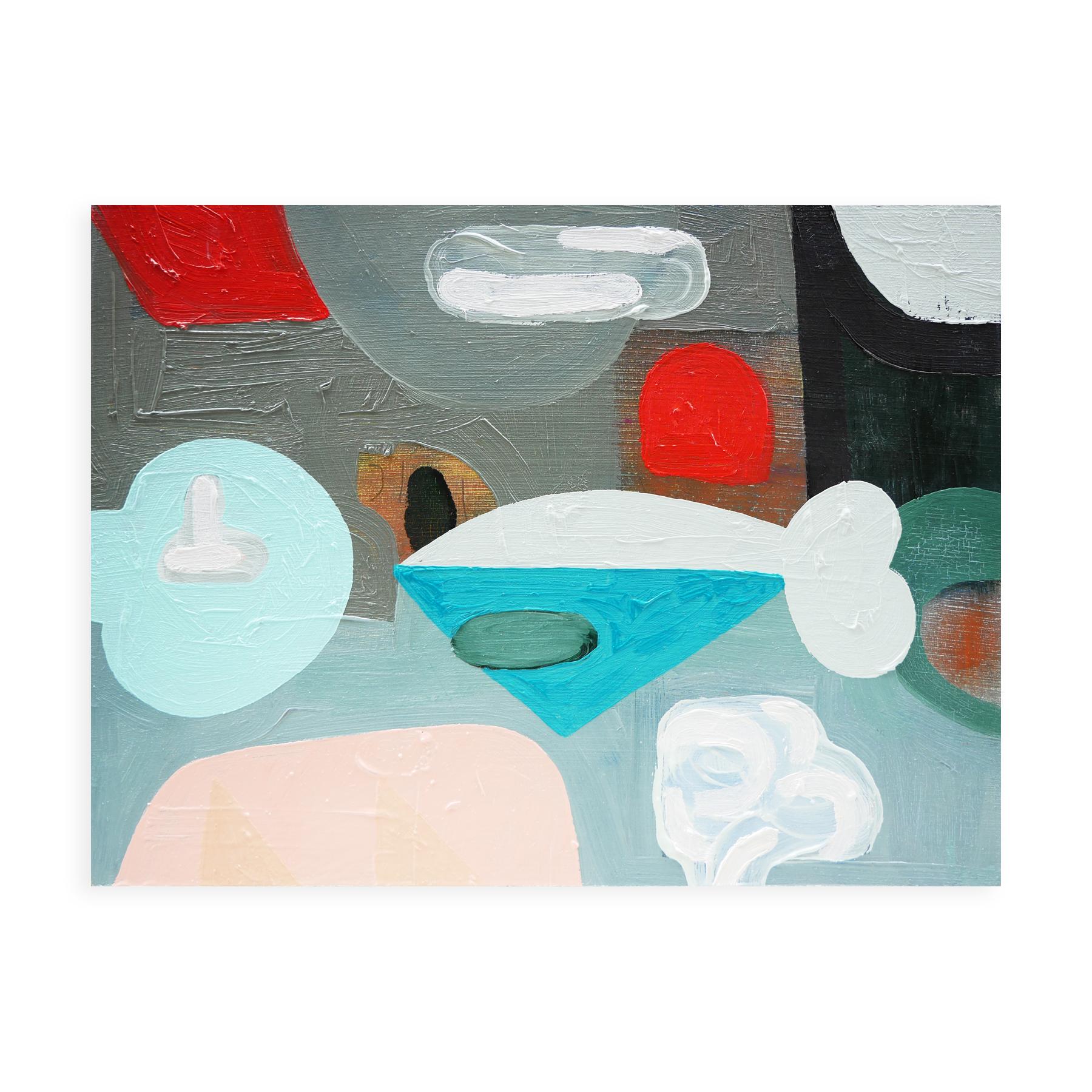 Pink, sky blue, gray, and red abstract contemporary painting by Houston, TX artist Peter Healy. The painting depicts geometric shapes that resemble a vehicle flying through the clouds. Signed and dated by the artist at the back. Unframed but framing