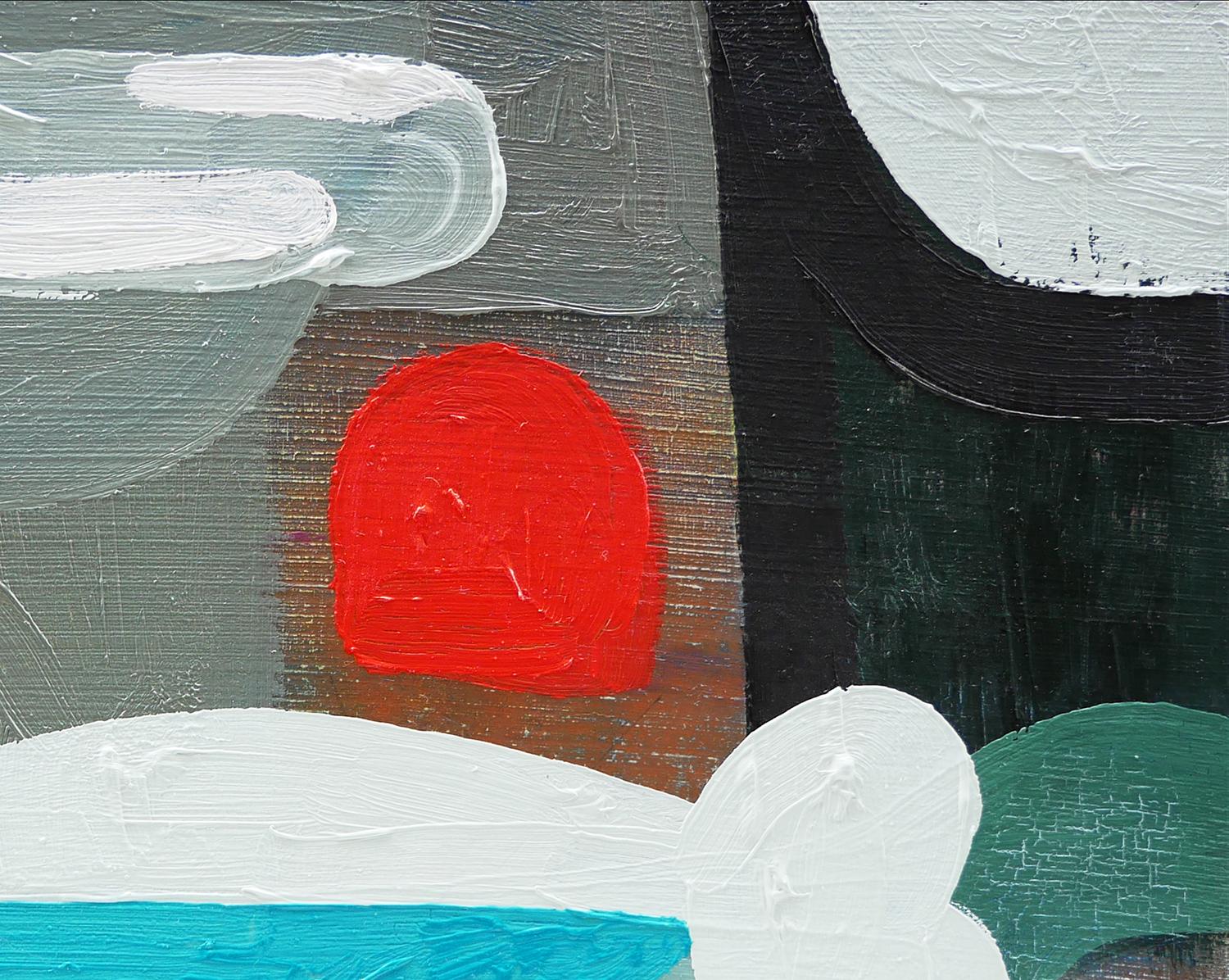 Rosa, himmelblau, grau und rot abstrakte zeitgenössische Malerei von Peter Healy aus Houston, TX. Das Gemälde zeigt geometrische Formen, die an ein durch die Wolken fliegendes Fahrzeug erinnern. Auf der Rückseite vom Künstler signiert und datiert.