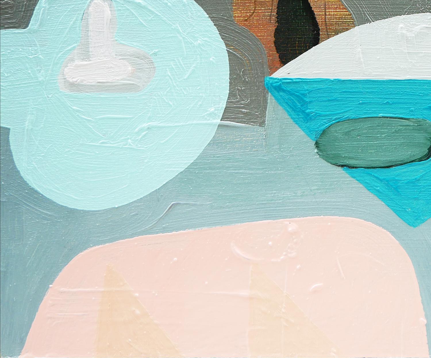 Quadro astratto contemporaneo rosa, azzurro, grigio e rosso dell'artista Peter Healy di Houston, TX. Il dipinto raffigura forme geometriche che ricordano un veicolo che vola tra le nuvole. Firmato e datato dall'artista sul retro. Non incorniciato,