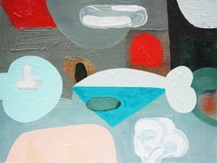 "Cold Cut 1" - Peinture contemporaine abstraite bleu ciel pastel, rouge, gris et rose