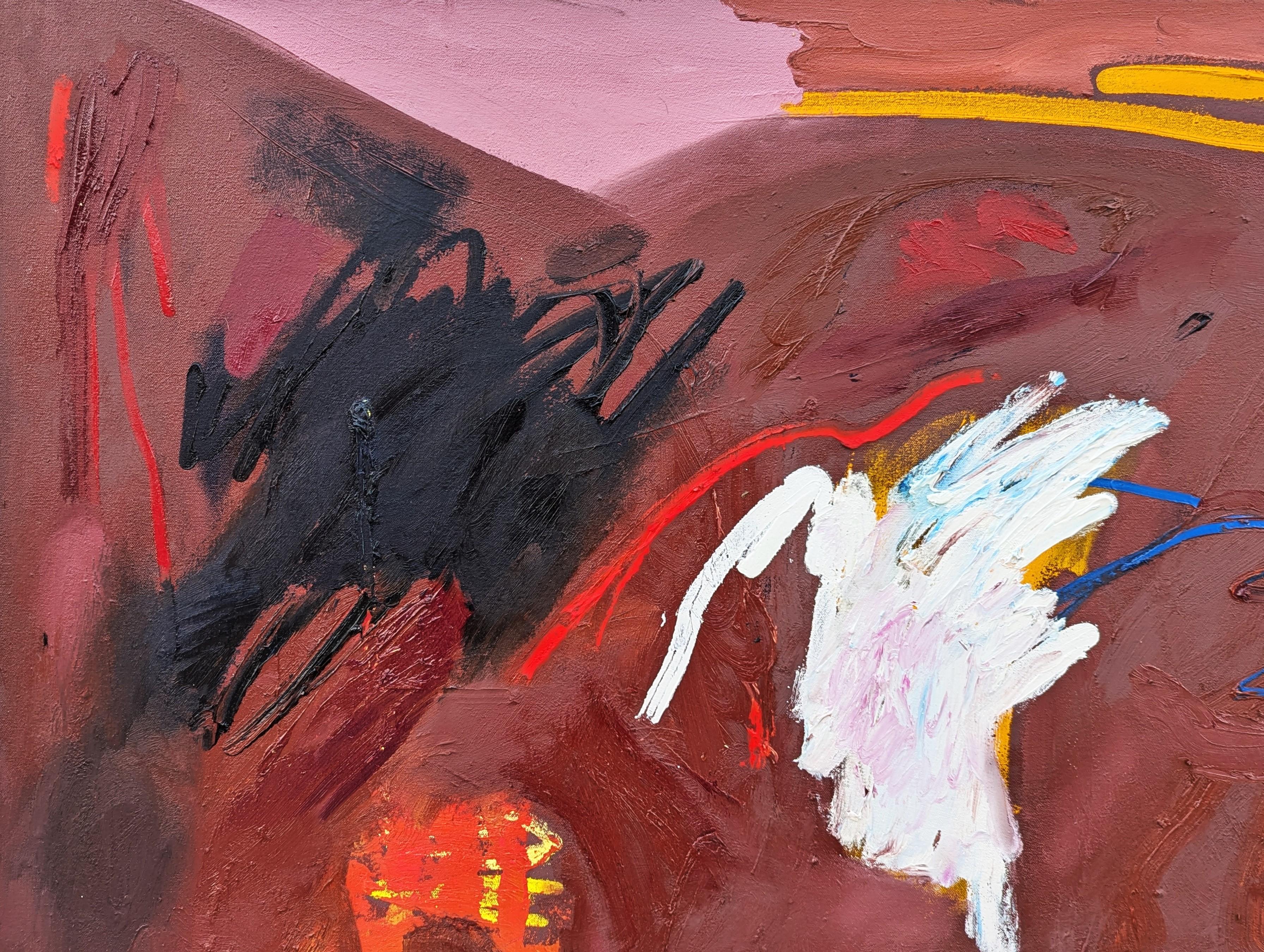 Contemporary warm toned painting by Houston-based artist Peter Healy. The work features expressive orange, white, and black strokes against a maroon background. Signed, titled, and dated on the reverse. Currently unframed, but options are available.