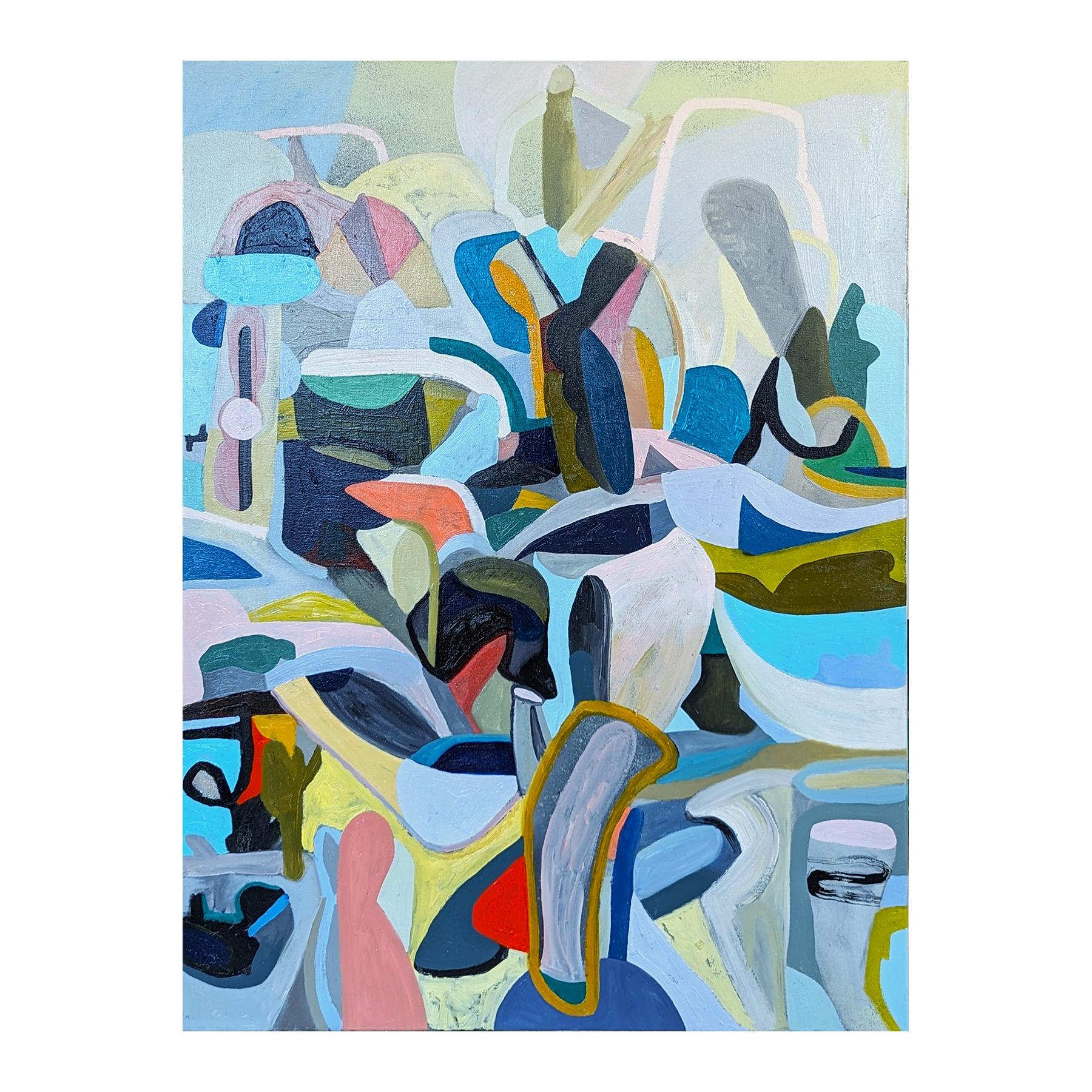 Colorful abstract painting by contemporary Houston artist Peter Healy. The work features a variety of vibrant, hard-edged intertwined shapes. Signed, titled, and dated on the reverse. Currently unframed, but options are available.

Artist Biography: