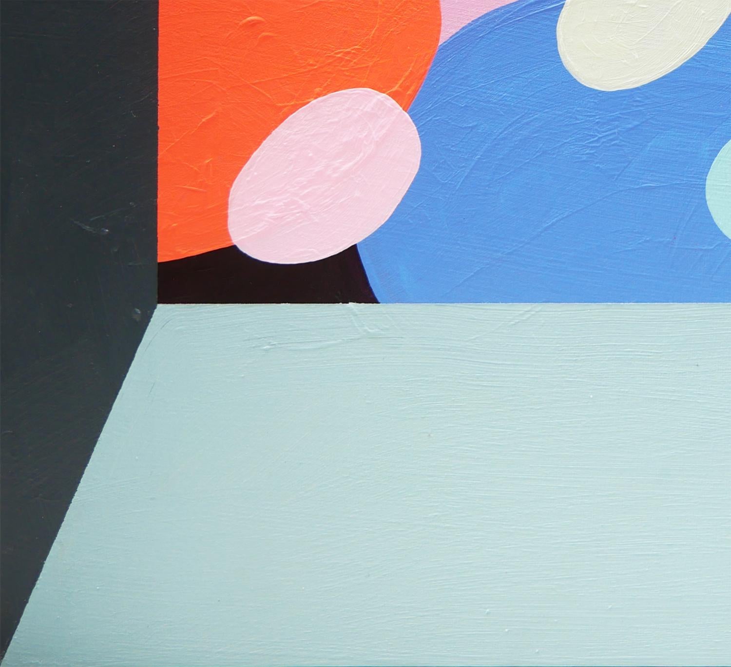 Pastellfarbene abstrakte zeitgenössische Malerei des Künstlers Peter Healy aus Houston, TX. Das Gemälde zeigt bunte geometrische Figuren, die aus einem Fenster schauen. Auf der Rückseite vom Künstler signiert und datiert. Ungerahmt, aber